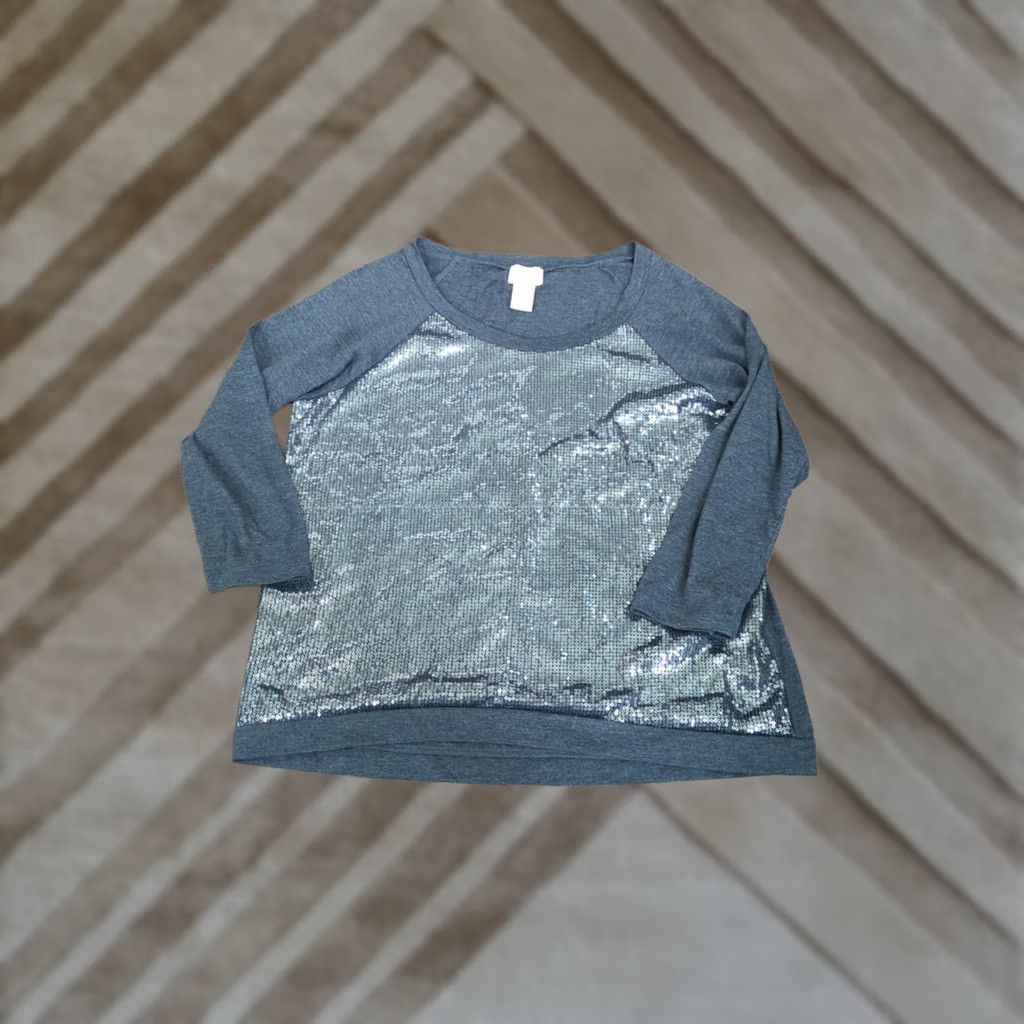 Vintage Eyelash Couture Shirt Gray Long Sleeve Sequin Front Pullover Large Women Size L / US 10 / IT 46 - 1 Thumbnail