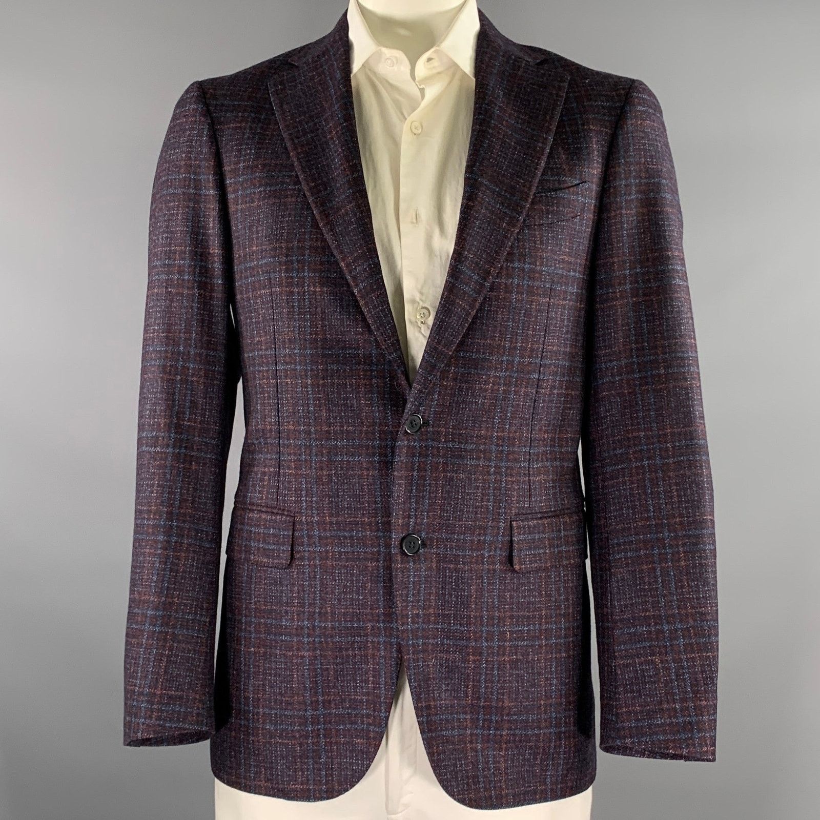 Canali CANALI Size 42 Navy Brown Plaid Wool Notch Lapel Sport Coat Size 42R - 1 Thumbnail