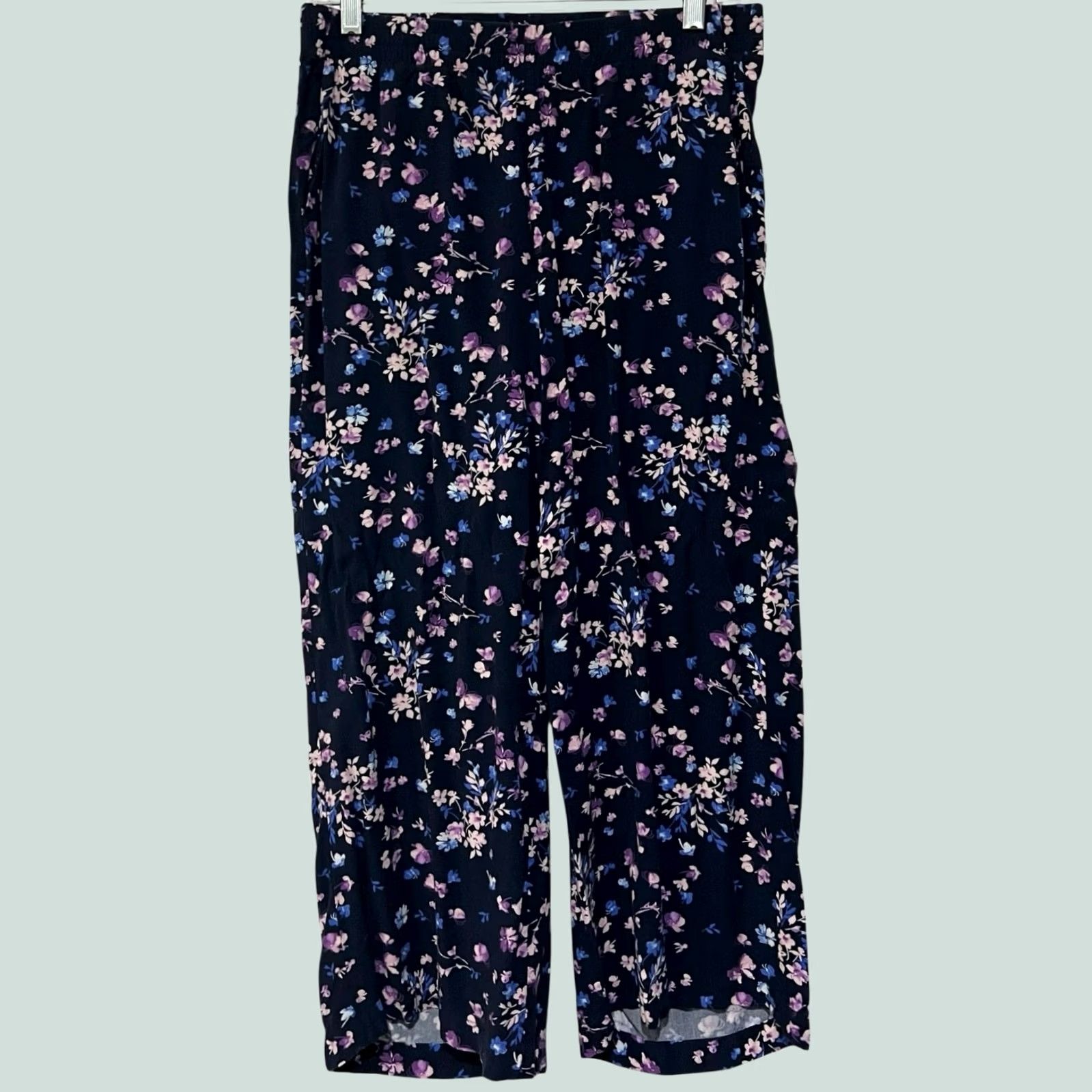 J. Jill J. Jill Womens Small Pull-On Pants Navy Blue Floral Lightweight Stretch Waist Cropped Wide-Leg Size 28" / US 6 / IT 42 - 1 Thumbnail