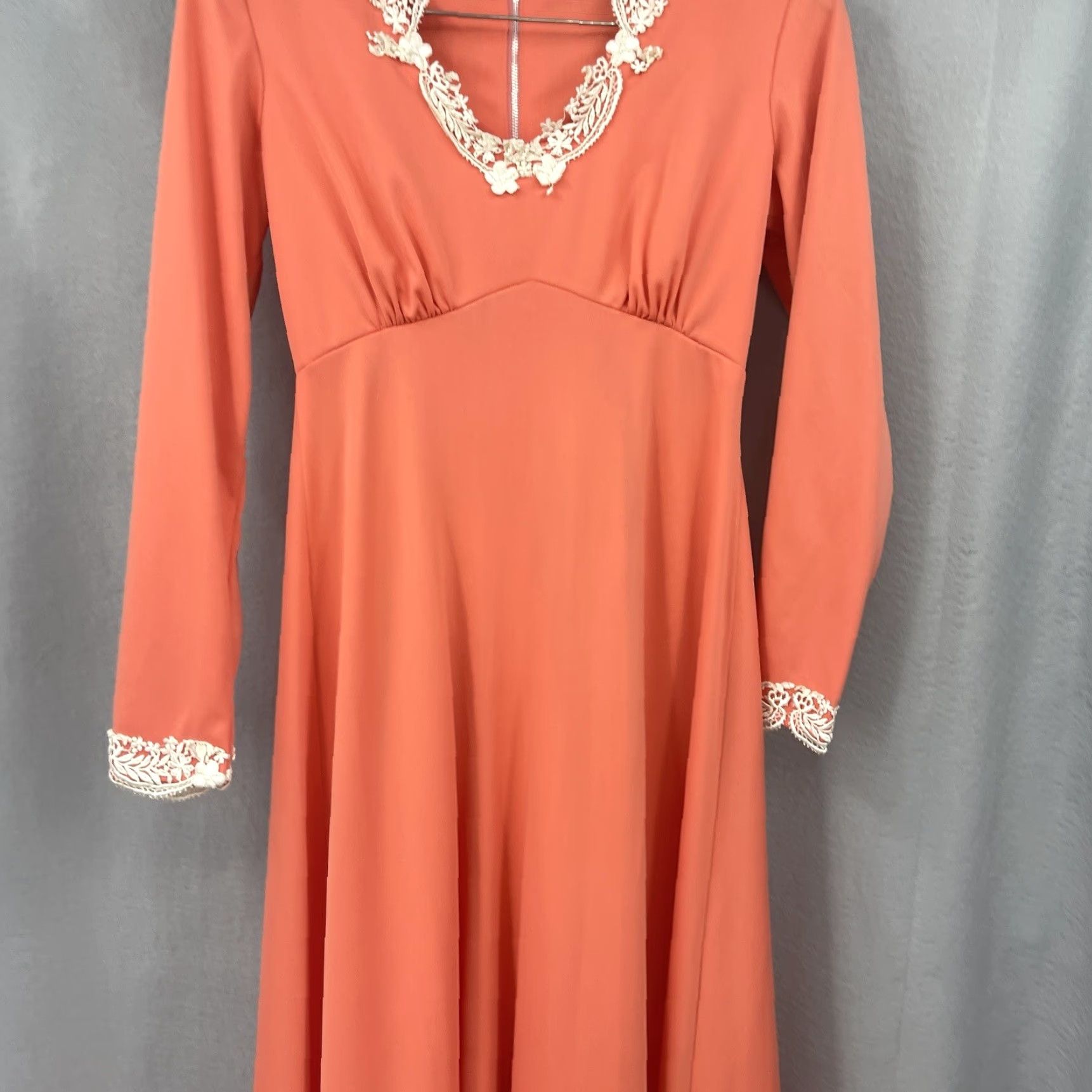 Vintage VINTAGE 70s Maxi Dress Lace Trim Orange Coquette Womens 9 Cottagecore READ Size M / US 6-8 / IT 42-44 - 4 Thumbnail