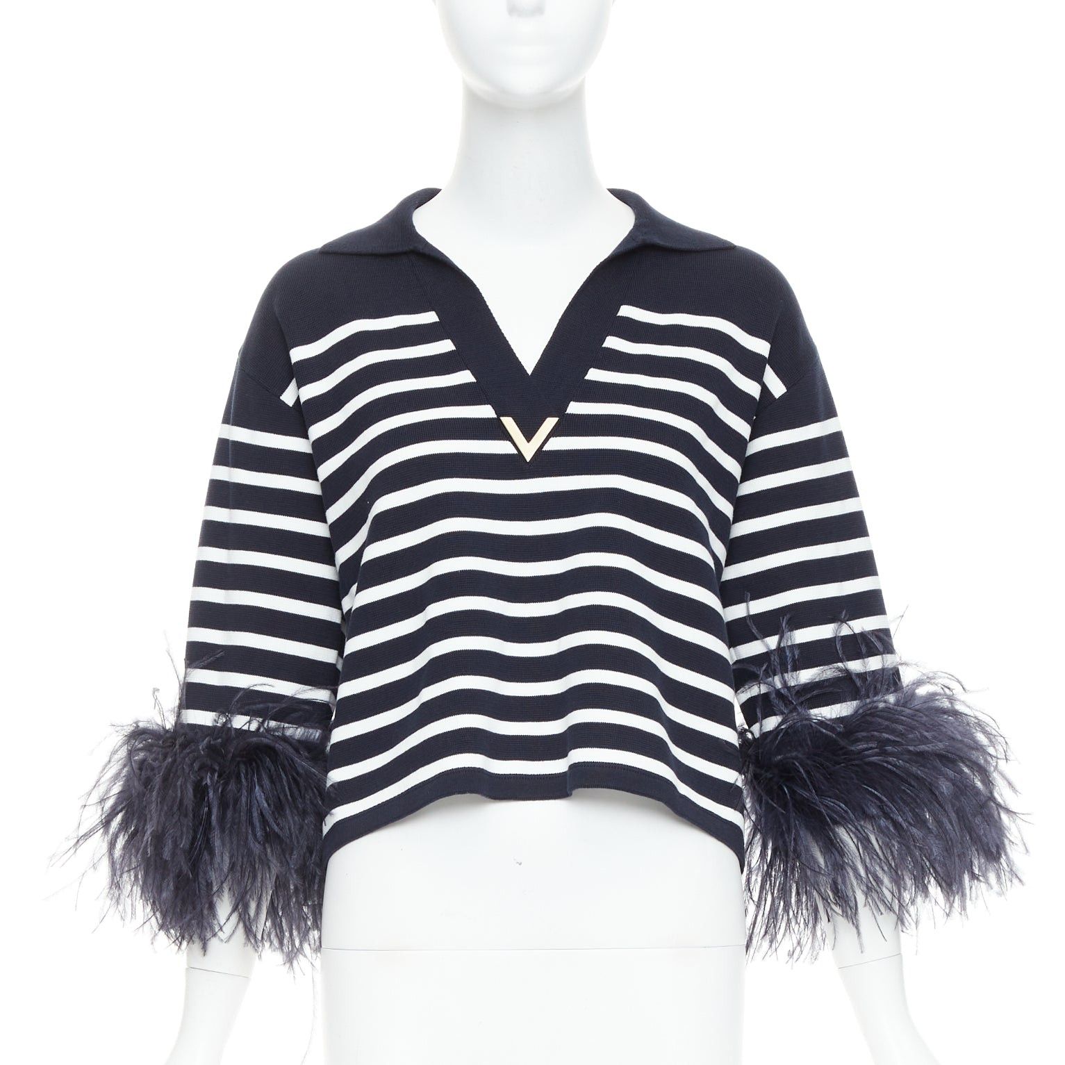 Valentino VALENTINO 2024 VGold navy white striped ostrich feather trim sleeve polo top XS Size S / US 4 / IT 40 - 1 Thumbnail