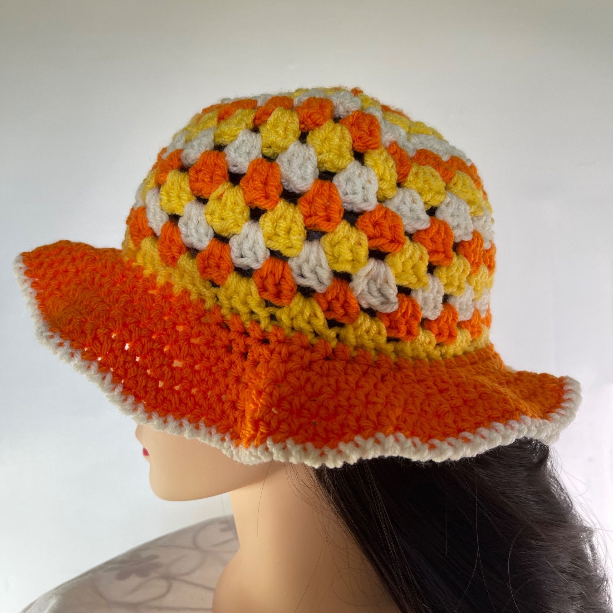 Handmade Crochet Bucket Hat Granny Square Pattern Orange Yellow White Size ONE SIZE - 3 Thumbnail