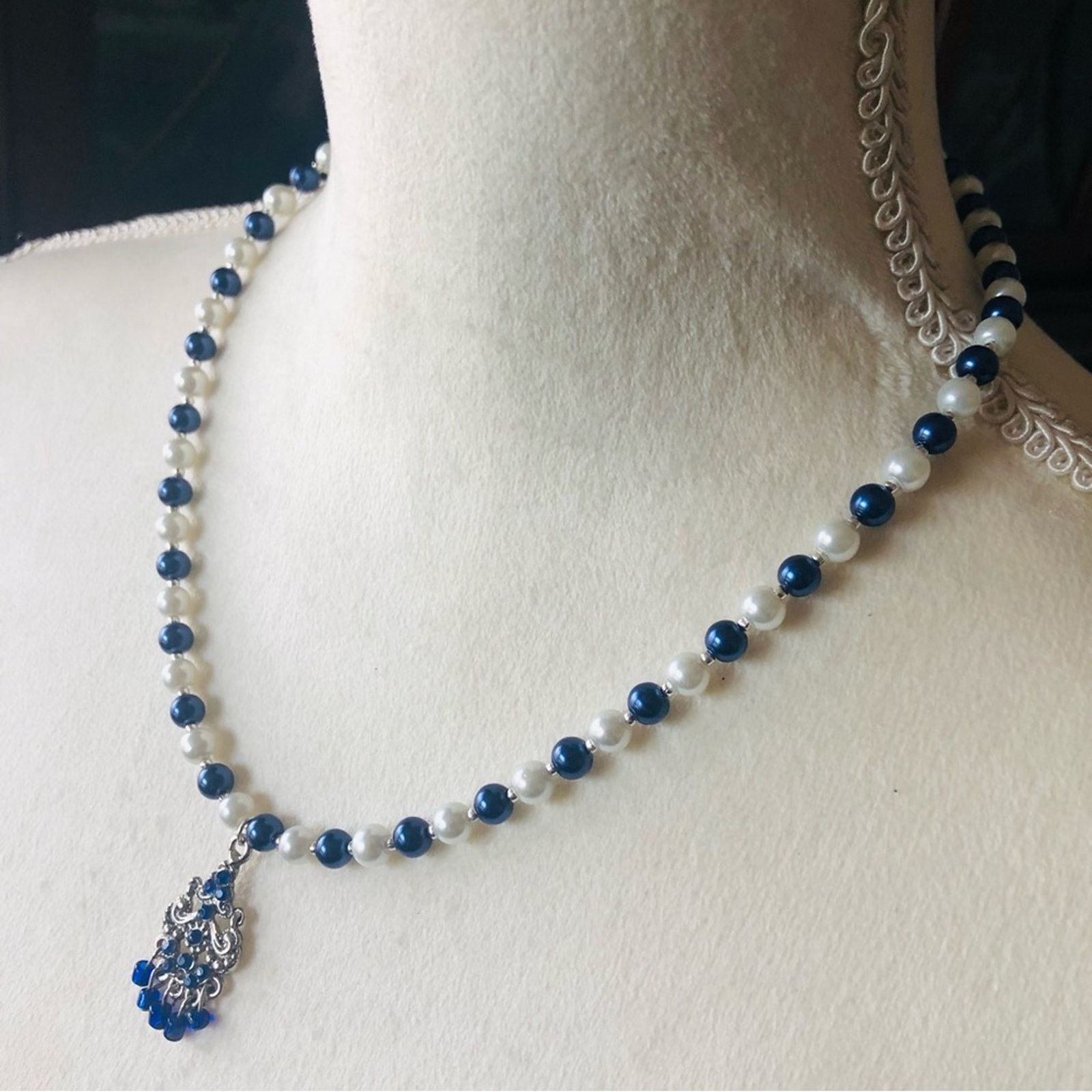 Handmade Handcrafted repurpose royal blue chandelier Pearl necklace Size ONE SIZE - 4 Thumbnail