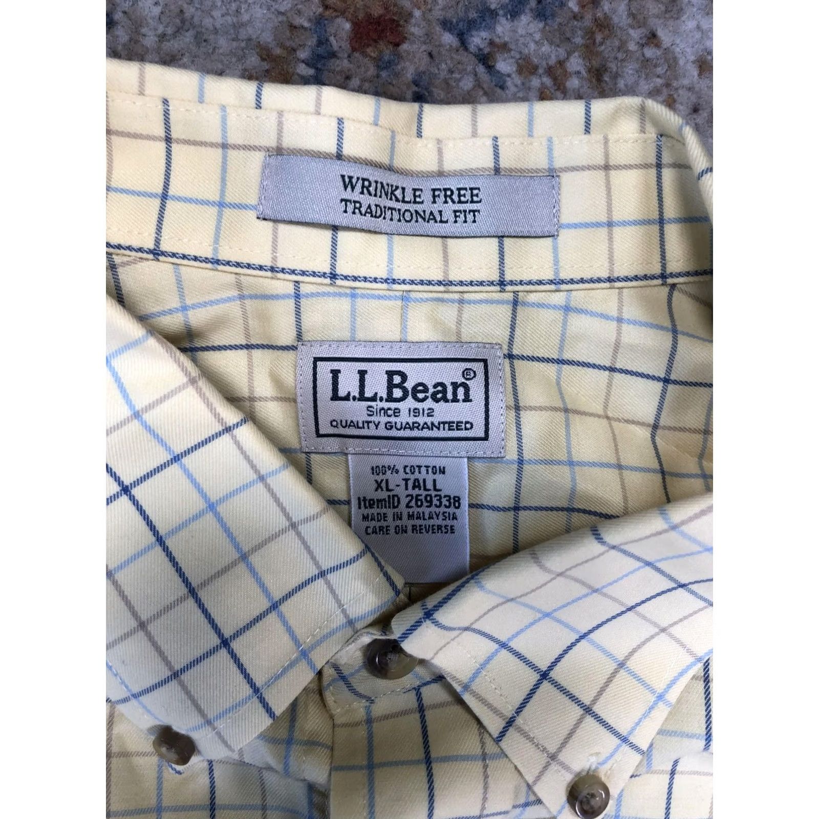 Vintage L.L. Bean Dress Shirt Mens XLT Yellow Check Wrinkle Free Button-Down Classic Fit Size 46R - 6 Thumbnail