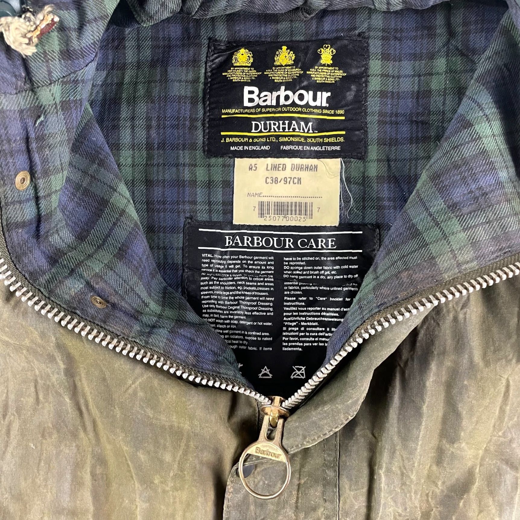 Barbour VINTAGE Barbour Jacket Durham Waxed A5 Men C38 Olive Tartan Plaid Lined Hooded Outdoors Size US XXS / EU 40 - 3 Thumbnail