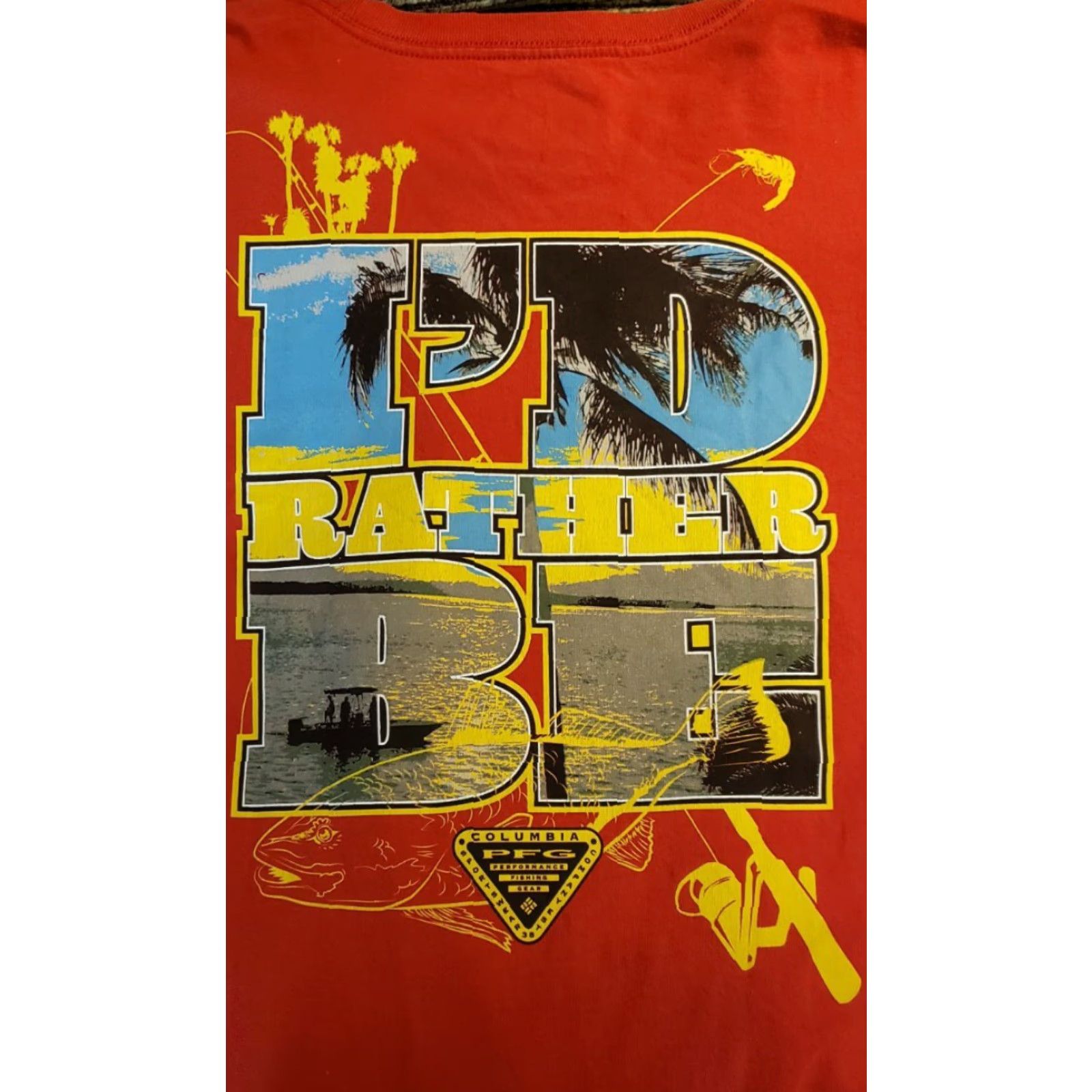 Vintage Columbia PFG Men's Red T-Shirt XLT Long Tail "I'd Rather Be Redfishing" Crew Neck Short Sleeve Cotton Logo Fishing Scene Size US XL / EU 56 / 4 - 7 Thumbnail