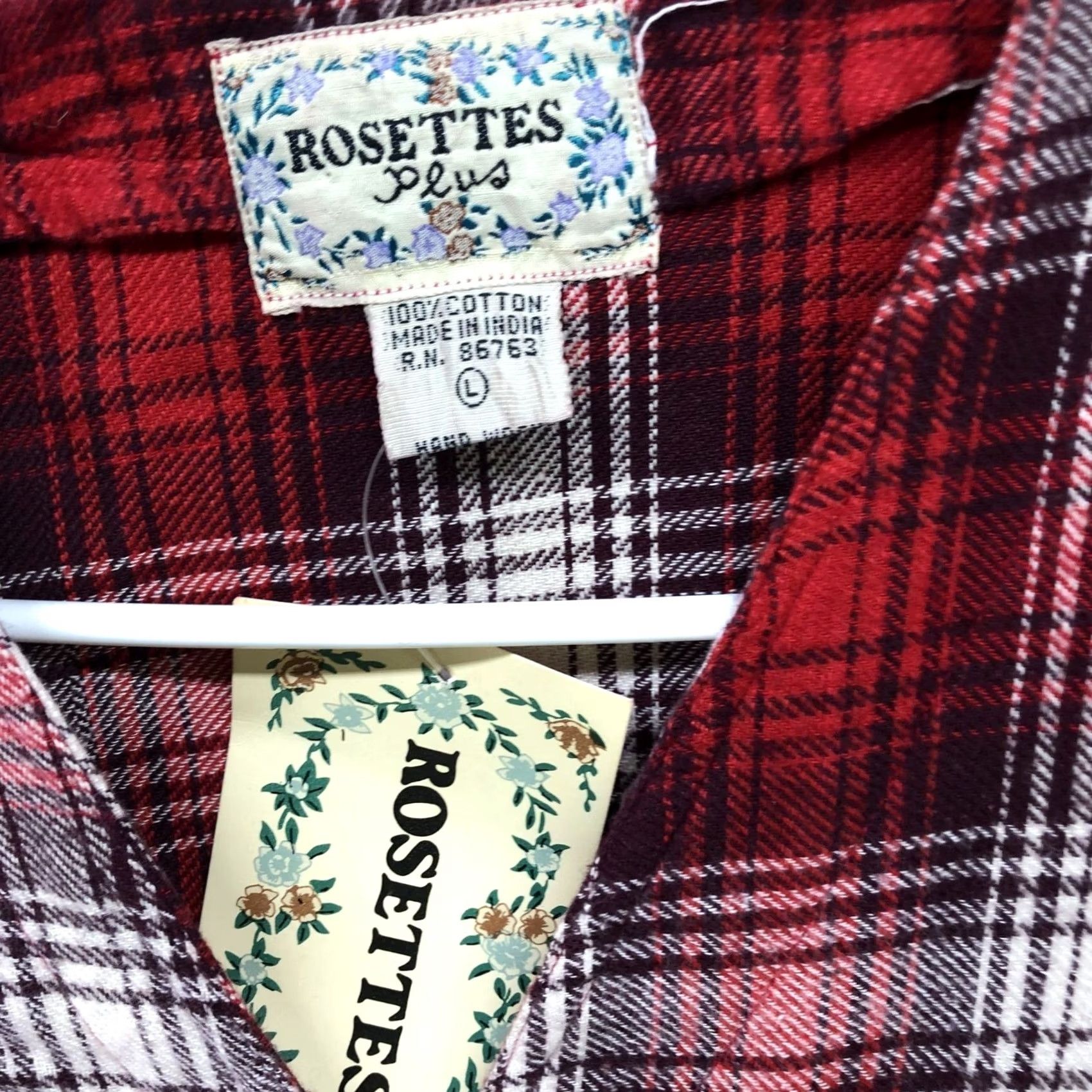 Vintage Rosettes Flannel Shirt Womens L Red Buffalo Plaid V-neck Button Down Boho Shirt Size L / US 10 / IT 46 - 5 Thumbnail