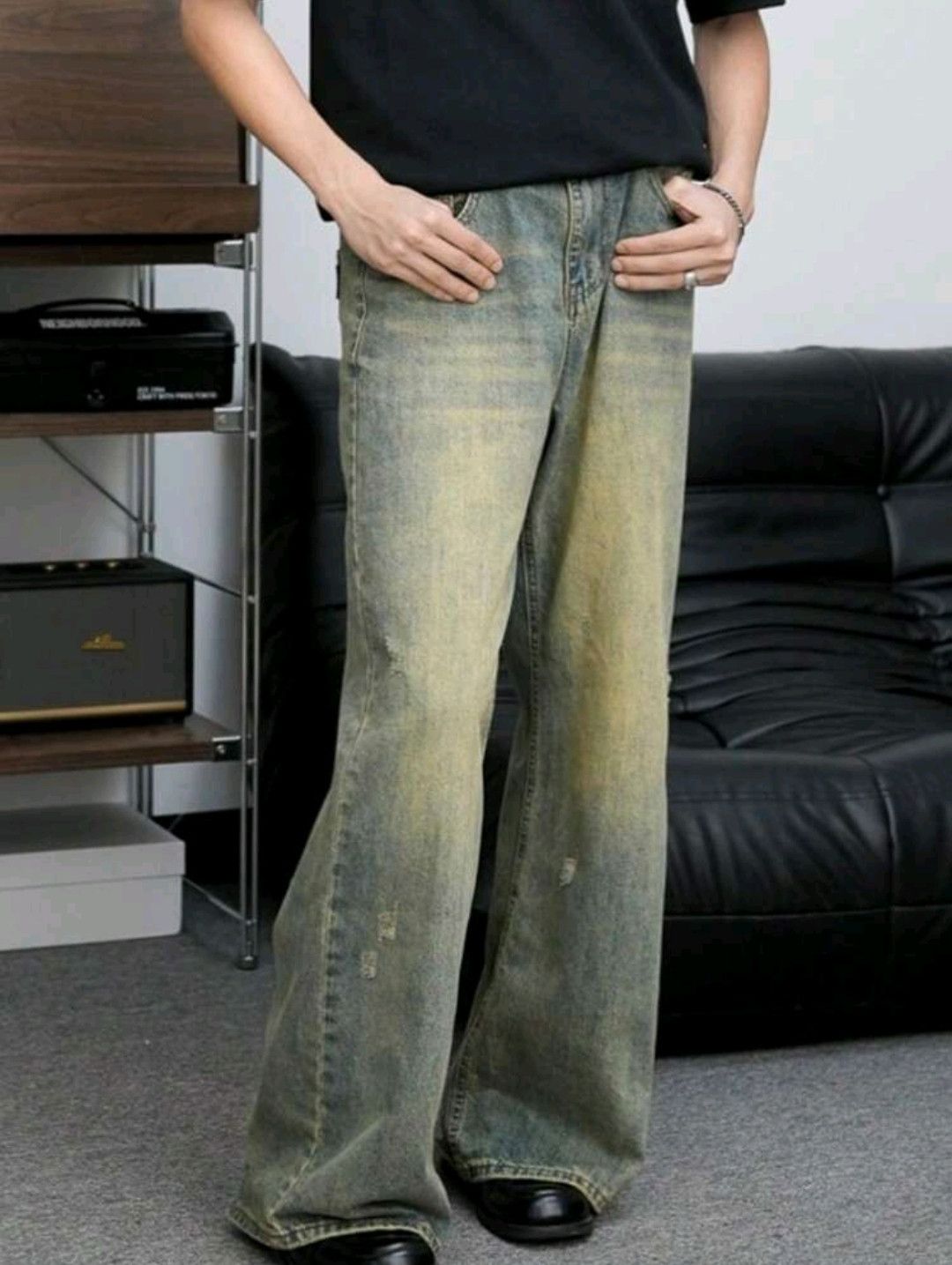Japanese Brand × Jean Distressed Flared Jeans Baggy Long Acid Wash Dark Jean Size US 39 - 3 Thumbnail