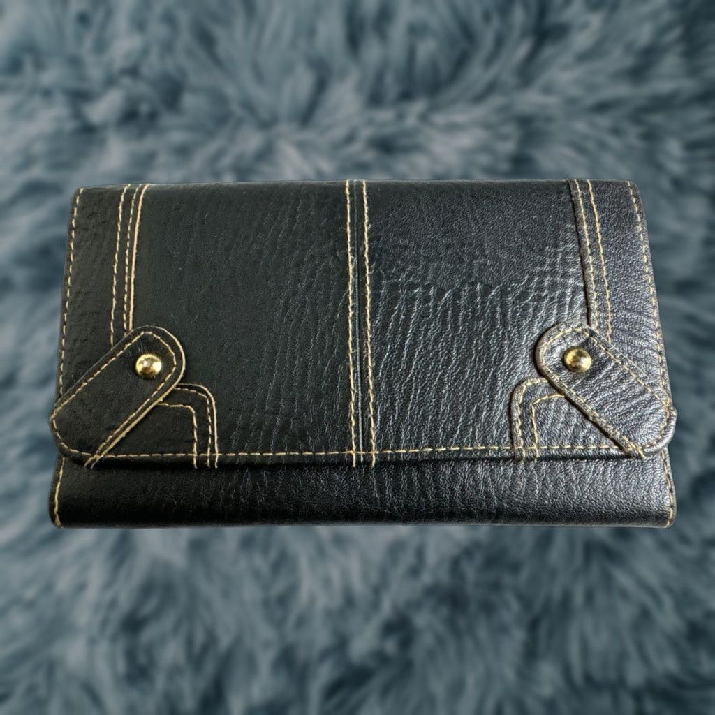 Vintage Black Leather Wallet Unisex Women’s Mens Tri Gold Size ONE SIZE - 1 Thumbnail