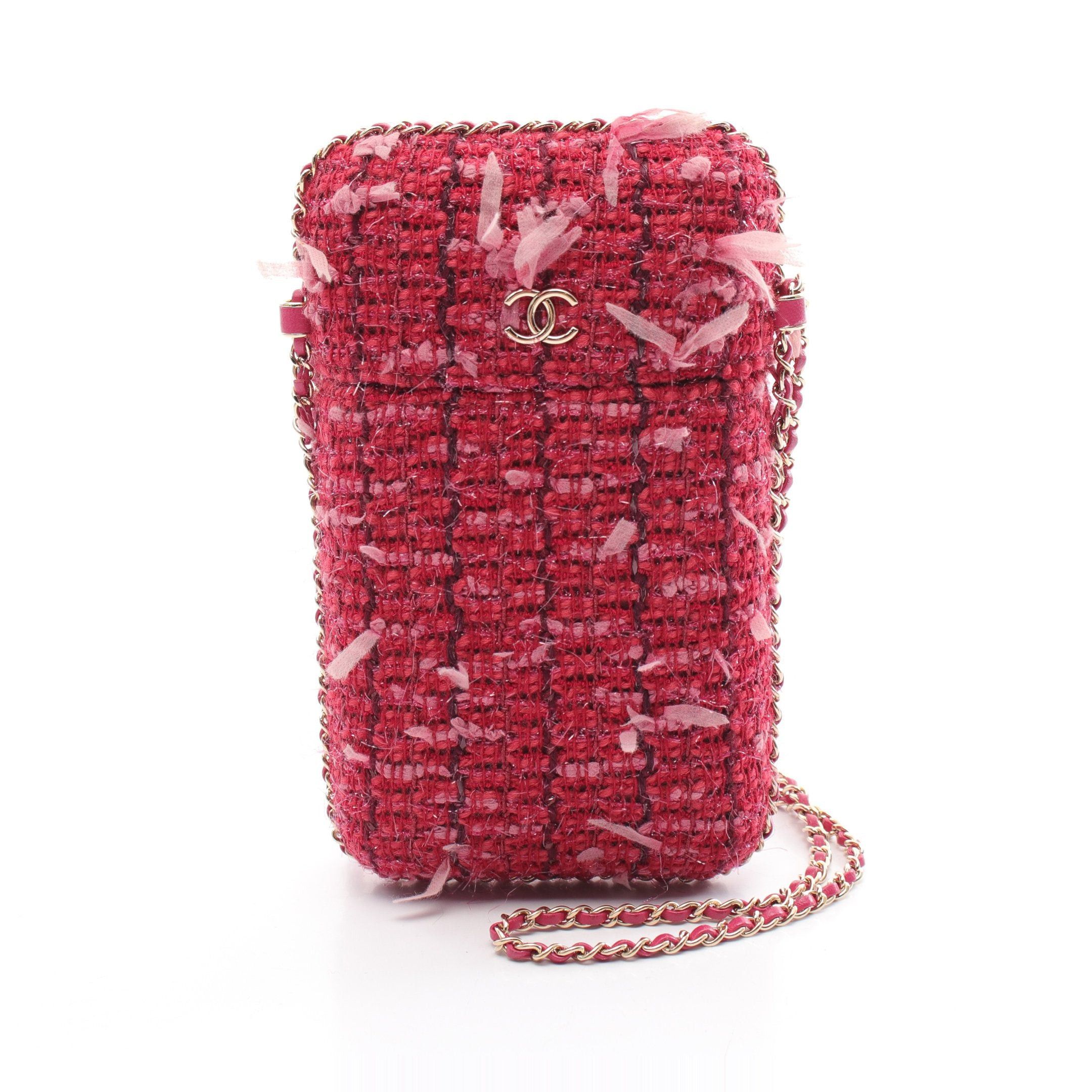 Chanel Phone Holder Chain Shoulder Bag Tweed Pink Purple Multicolor Gold Hardware