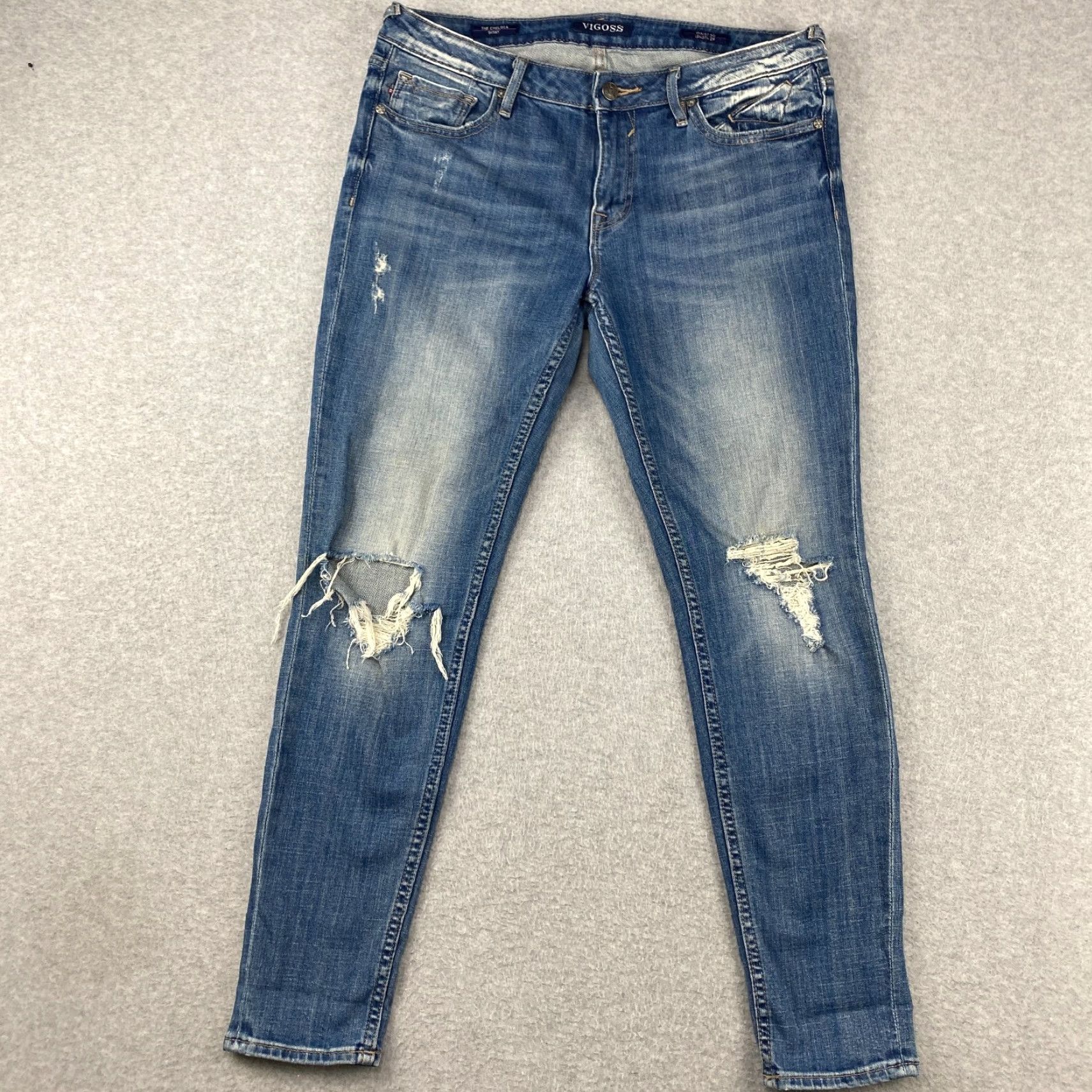 Vintage VIGOSS Chelsea Skinny Jeans 33x28 Blue Ankle Stretch Denim Distressed Logo Belt Loops 5-Pocket Women Size 24" / US 00 / IT 34 - 2 Thumbnail