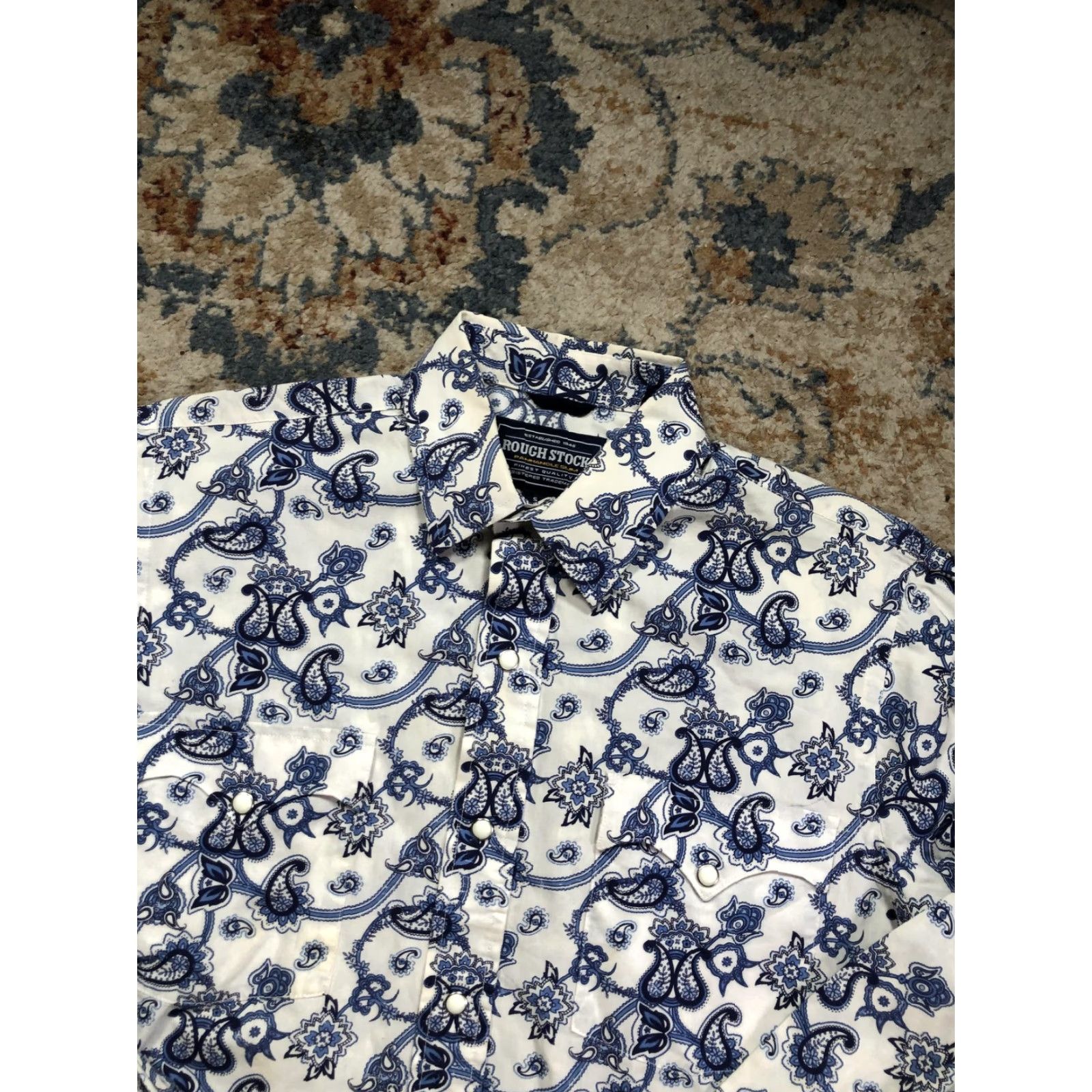 Vintage Rough Stock Shirt Mens Small Blue Paisley Western Pearl Snap Cowboy Long Sleeve Size US S / EU 44-46 / 1 - 6 Thumbnail