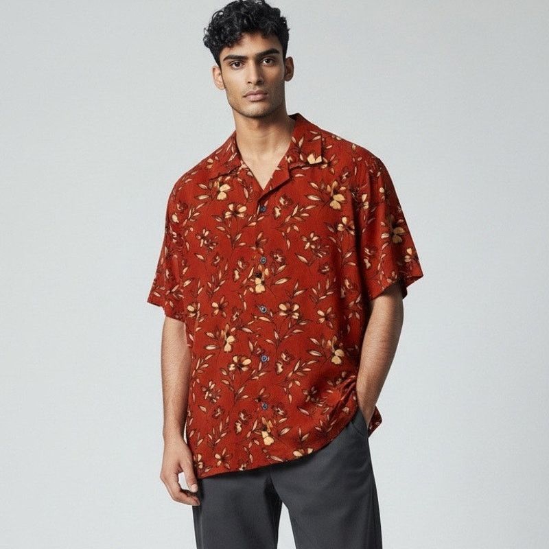 Express Express Men's Floral Button Down Shirt XS Rust Short Sleeve Size US XS / EU 42 / 0 - 1 Thumbnail