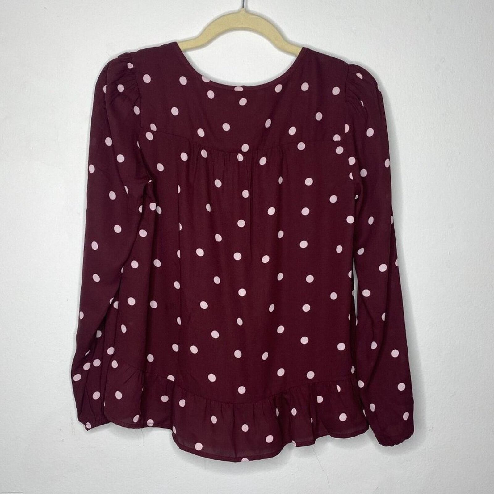 Loft Loft Burgundy Pink Polka Dot Tie Ruffle Hem Long Sleeve Top Size XXS / US 00 / IT 34 - 2 Thumbnail