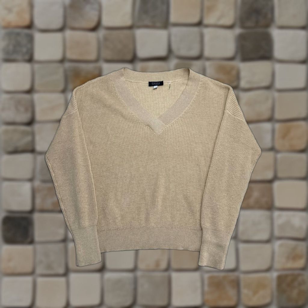 Vintage Forte Cashmere Sweater Womens Large Beige Cotton V Neck Tight Knit Ribbed Winter Size L / US 10 / IT 46 - 1 Thumbnail