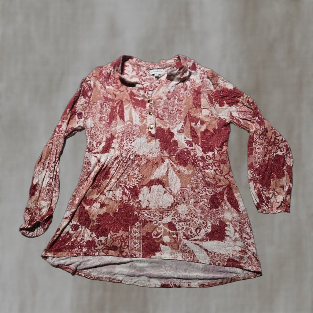 Vintage Wonderfly Red Floral Long Sleeve Shirt Women's M Medium Tunic Blouse Knit Top Shirt Size M / US 6-8 / IT 42-44 - 1 Thumbnail