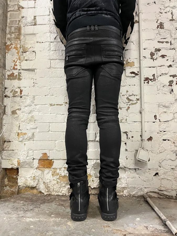 Balmain Black Waxed Biker Jeans archive lee coated biker skinny denim