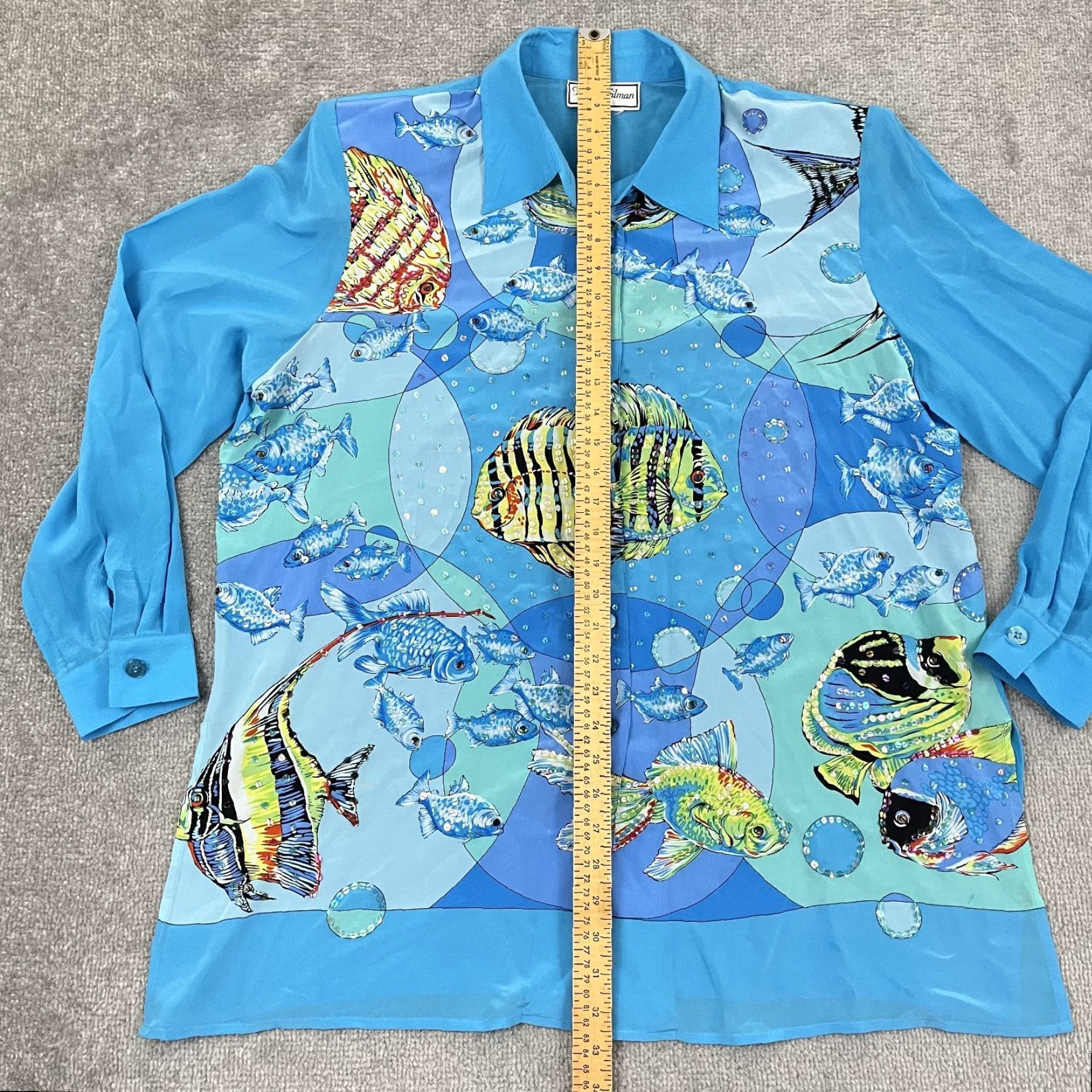 Vintage Diane Gilman Button-Up Shirt Womens Large Blue Silk Tropical Fish Sequin Animal Print Size L / US 10 / IT 46 - 3 Thumbnail