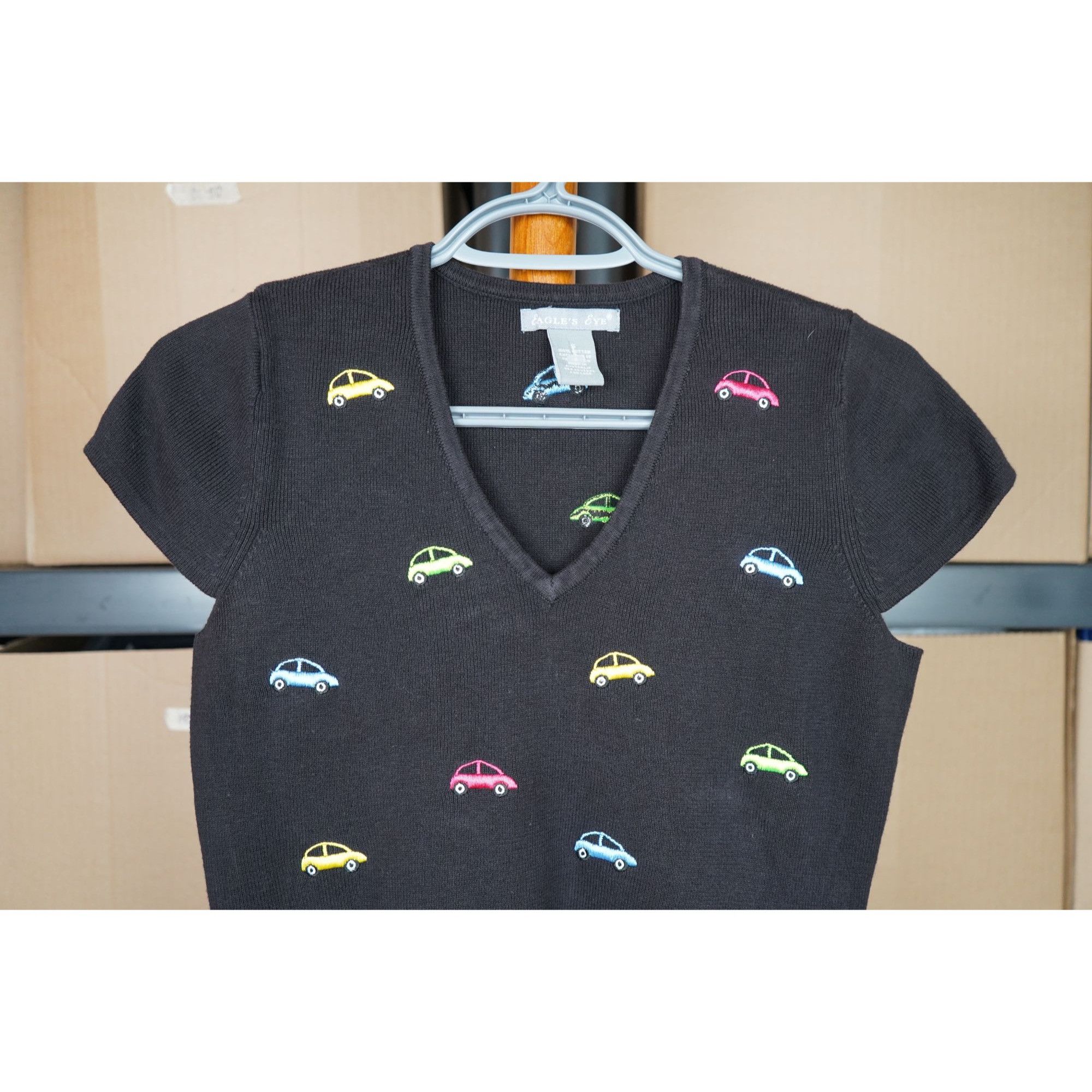 Vintage 90s Eagle's Eye Black Knit Vneck Tshirt Women's S #400 Size S / US 4 / IT 40 - 3 Thumbnail