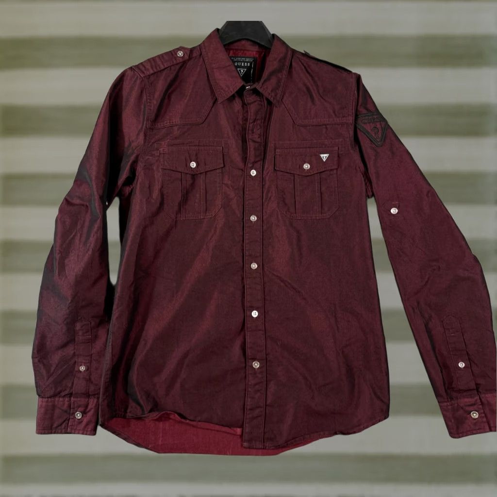 Guess VINTAGE Guess Iridescent Shirt Mens S Maroon Red Long Sleeve Shoulder Epaulets Button Up Pockets 90s Mens Size US S / EU 44-46 / 1 - 1 Thumbnail