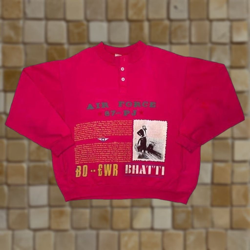Other Vintage AIR FORCE “87-PJ” BHATI Graphic Sweatshirt L Pink 90s Pullover 1/4 Button Mens Short Flaws + Pockets Size US L / EU 52-54 / 3 - 1 Thumbnail