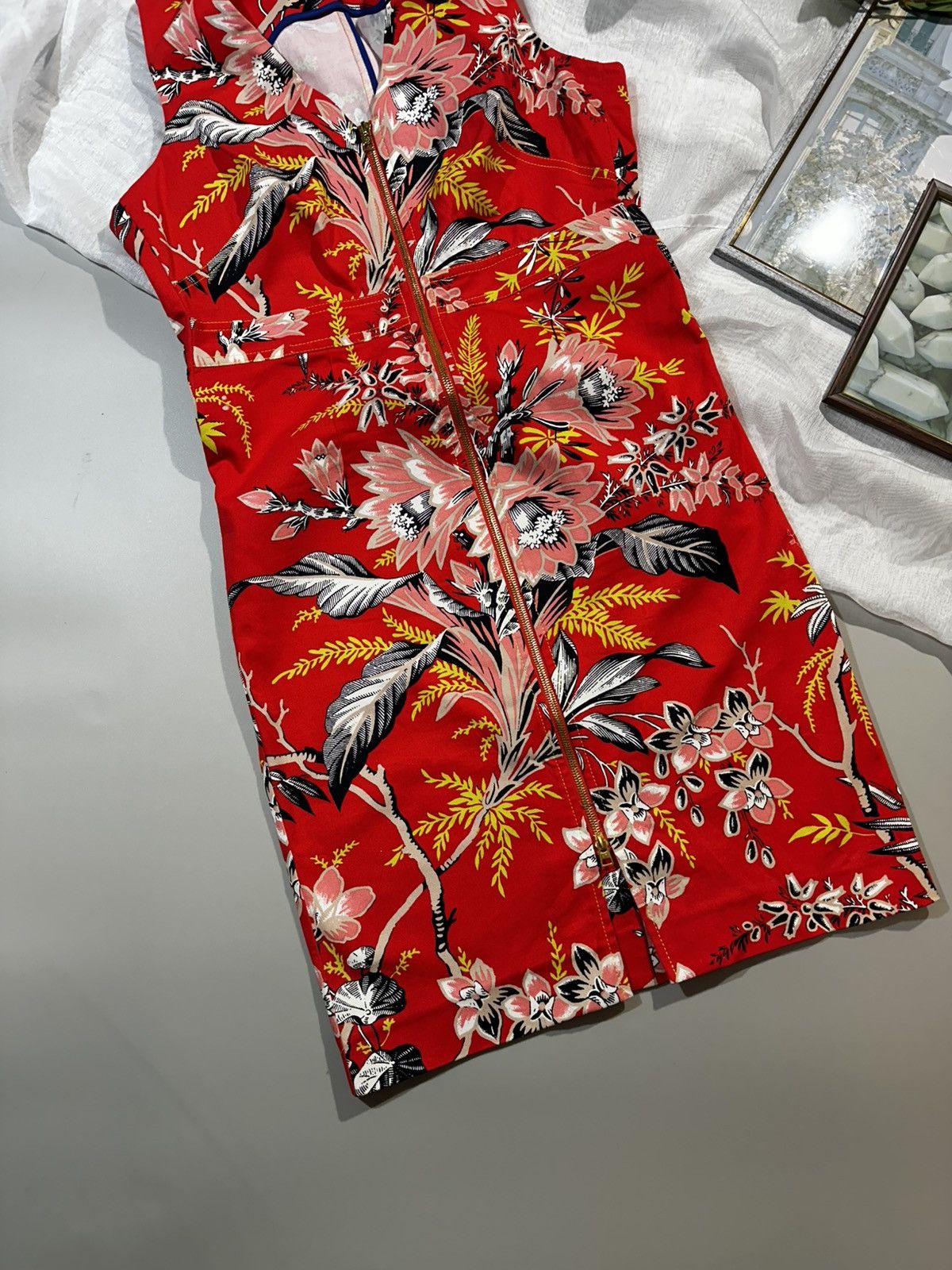 Diane von Furstenberg DVF Red Floral Zip Front Sheath Dress Sz 6 Cotton Stretch Size M / US 6-8 / IT 42-44 - 4 Thumbnail