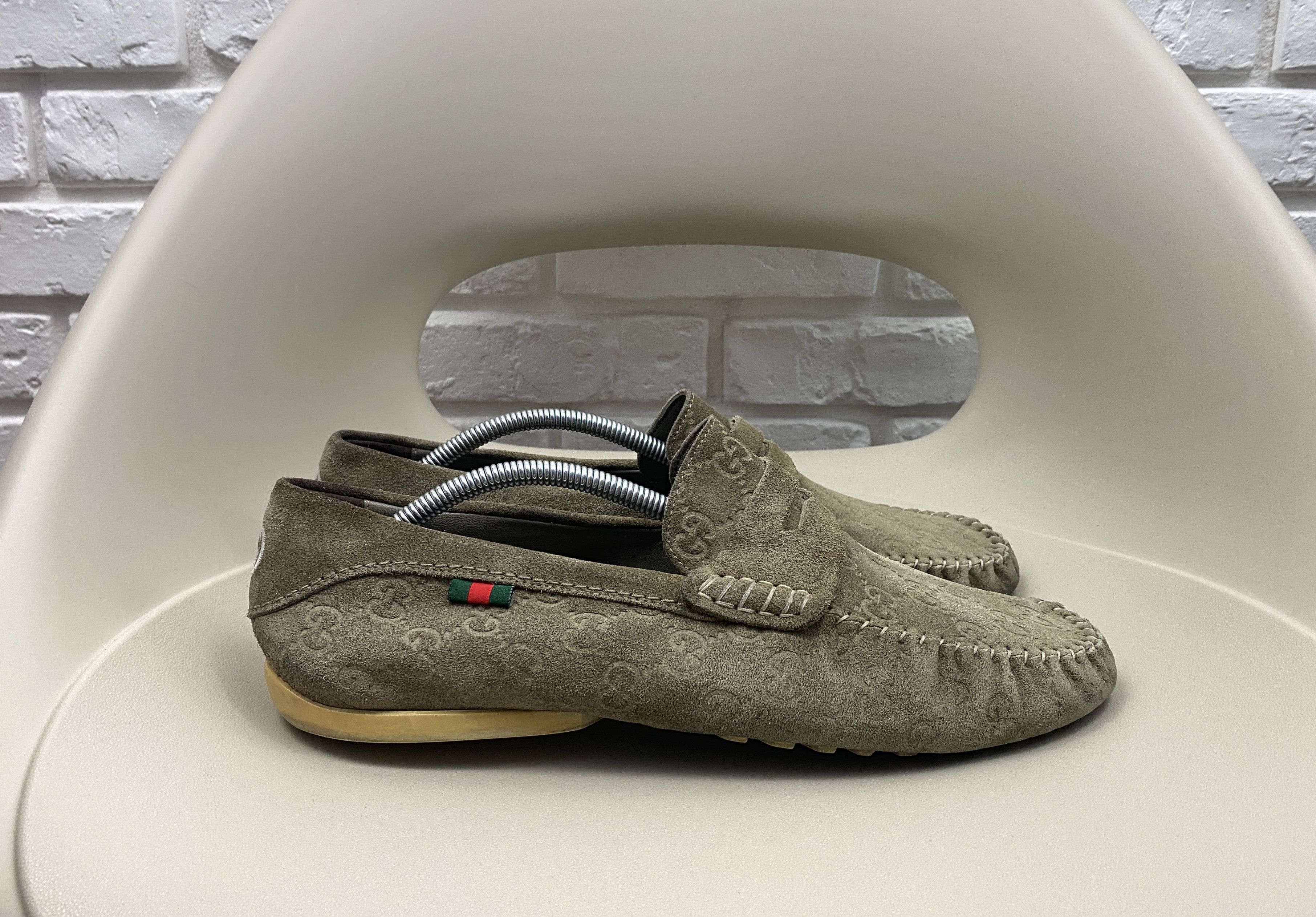 image of Gucci Suede GG Monogram Loafers Flats Olive Gray Size 8 in Olive Green, Men's