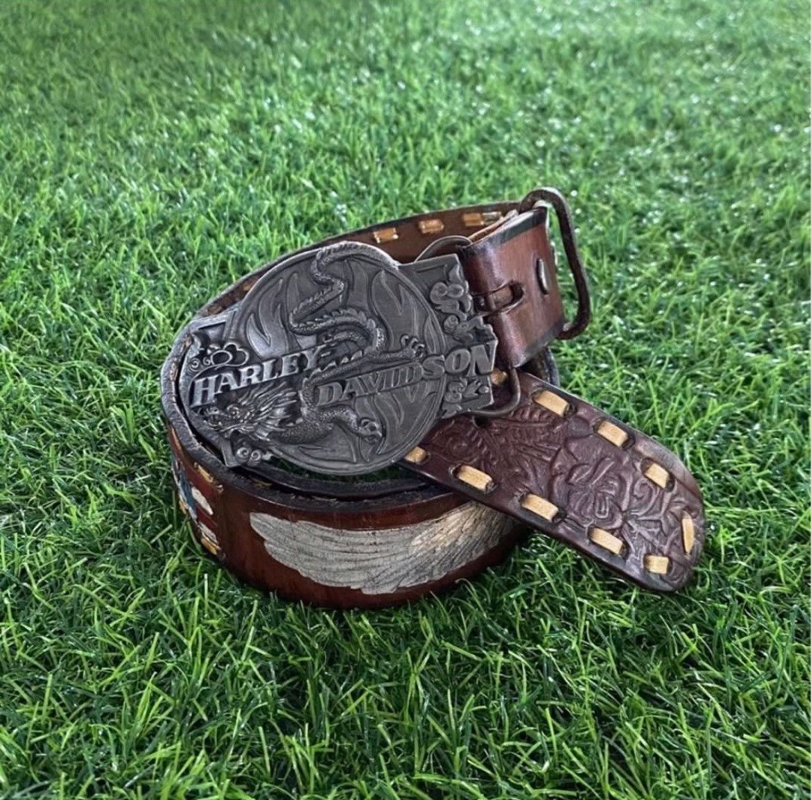 Harley Davidson × Vintage Vintage Harley Davidson Dragon ©️89 Brass Buckle Belt Made in USA Size 36 - 4 Thumbnail