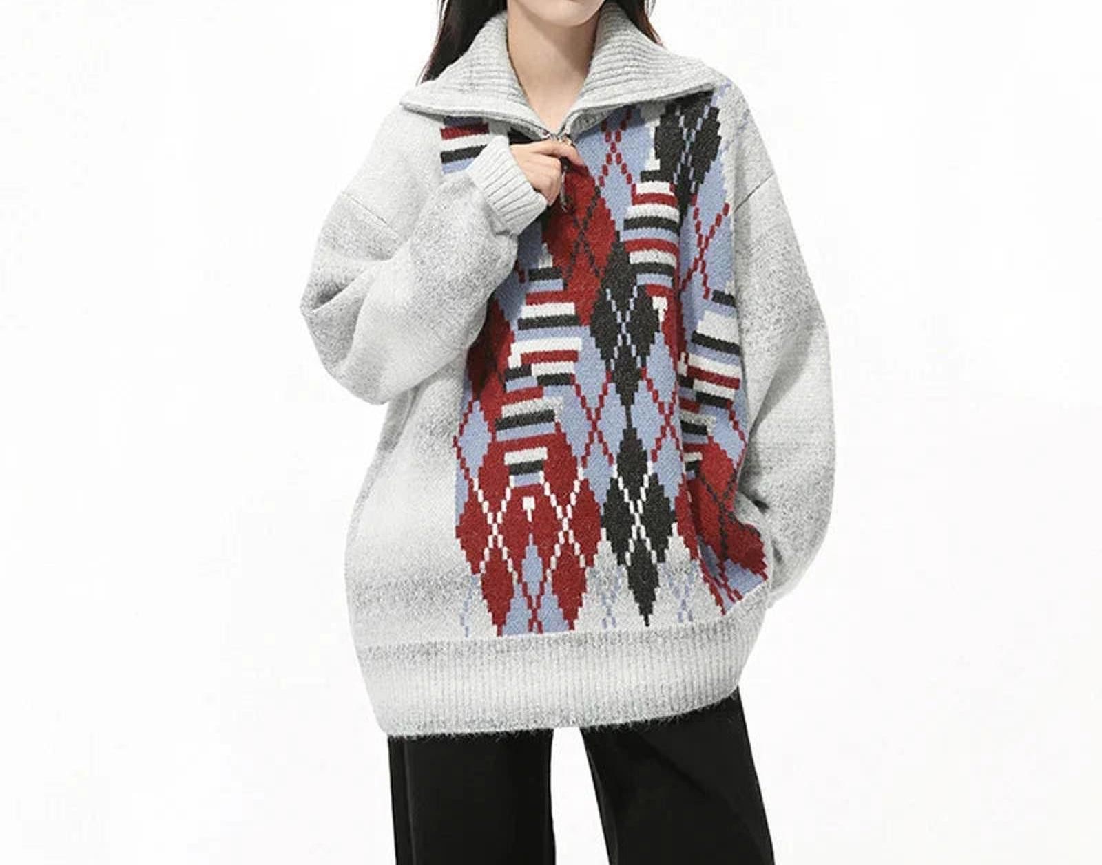 Japanese Brand Pixel Argyle Zip Neck Sweater Size US M / EU 48-50 / 2 - 4 Thumbnail