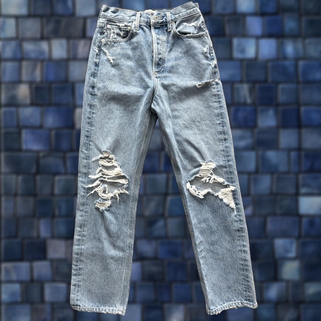 Agolde AGOLDE 90's Mid Rise Loose Fit Jeans Womens 23 Light Wash Blue Denim 5-Pocket Button Rise High Straight Cruiser 90s Grunge Retro City USA Womens Size 40" / US 18 - 1 Thumbnail