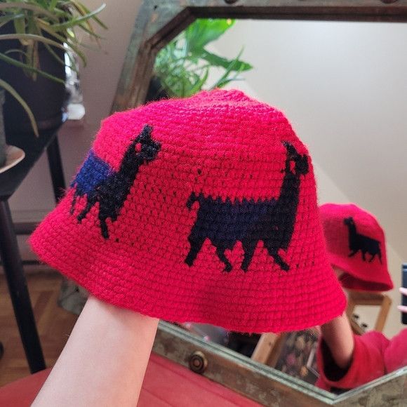 Other Hand knitted crochet red black and blue alpaca buket hat Size ONE SIZE - 2 Thumbnail