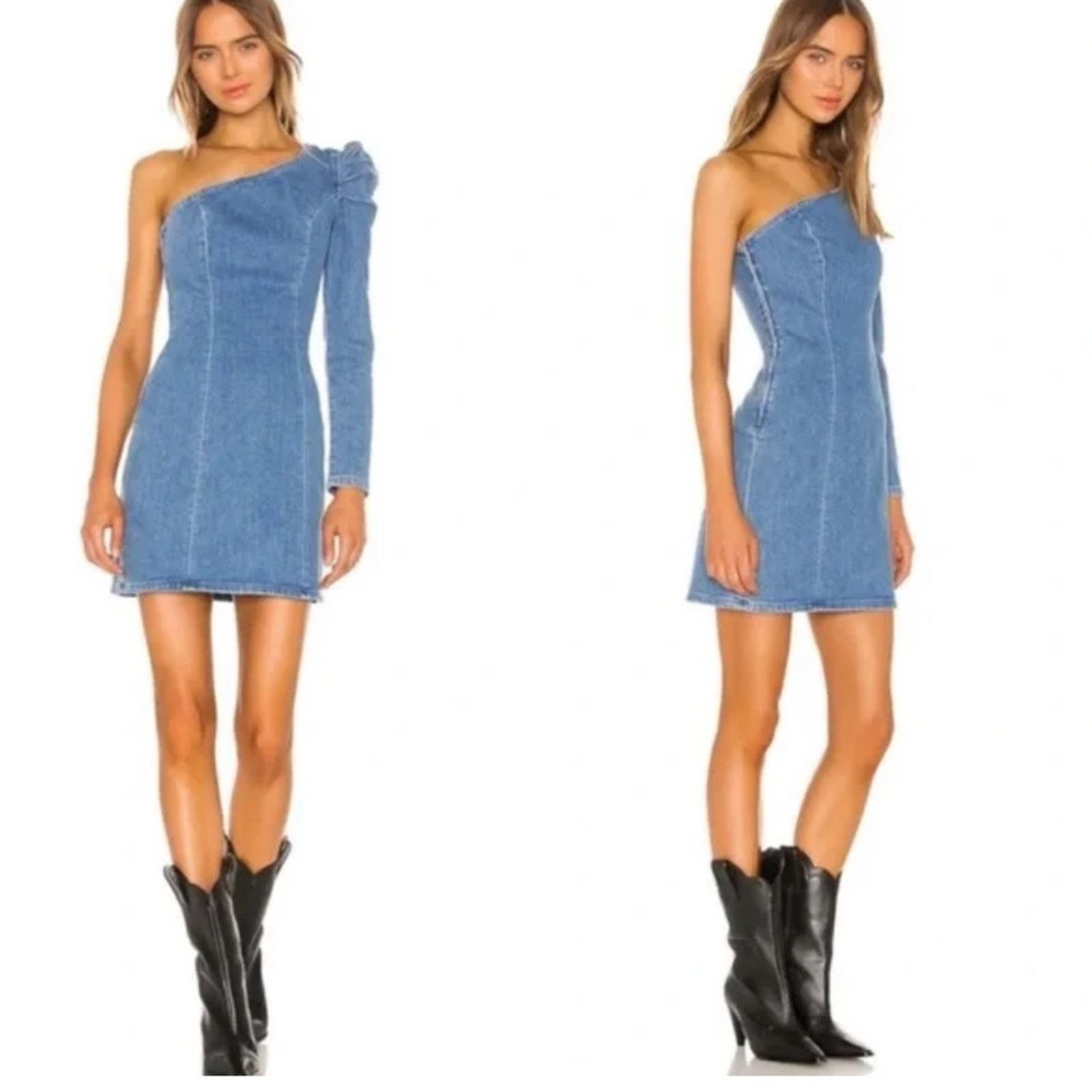 GRLFRND GRLFRND Ellie One Shoulder Denim Minidress NWT Sz. XS Size XS / US 0-2 / IT 36-38 - 1 Thumbnail