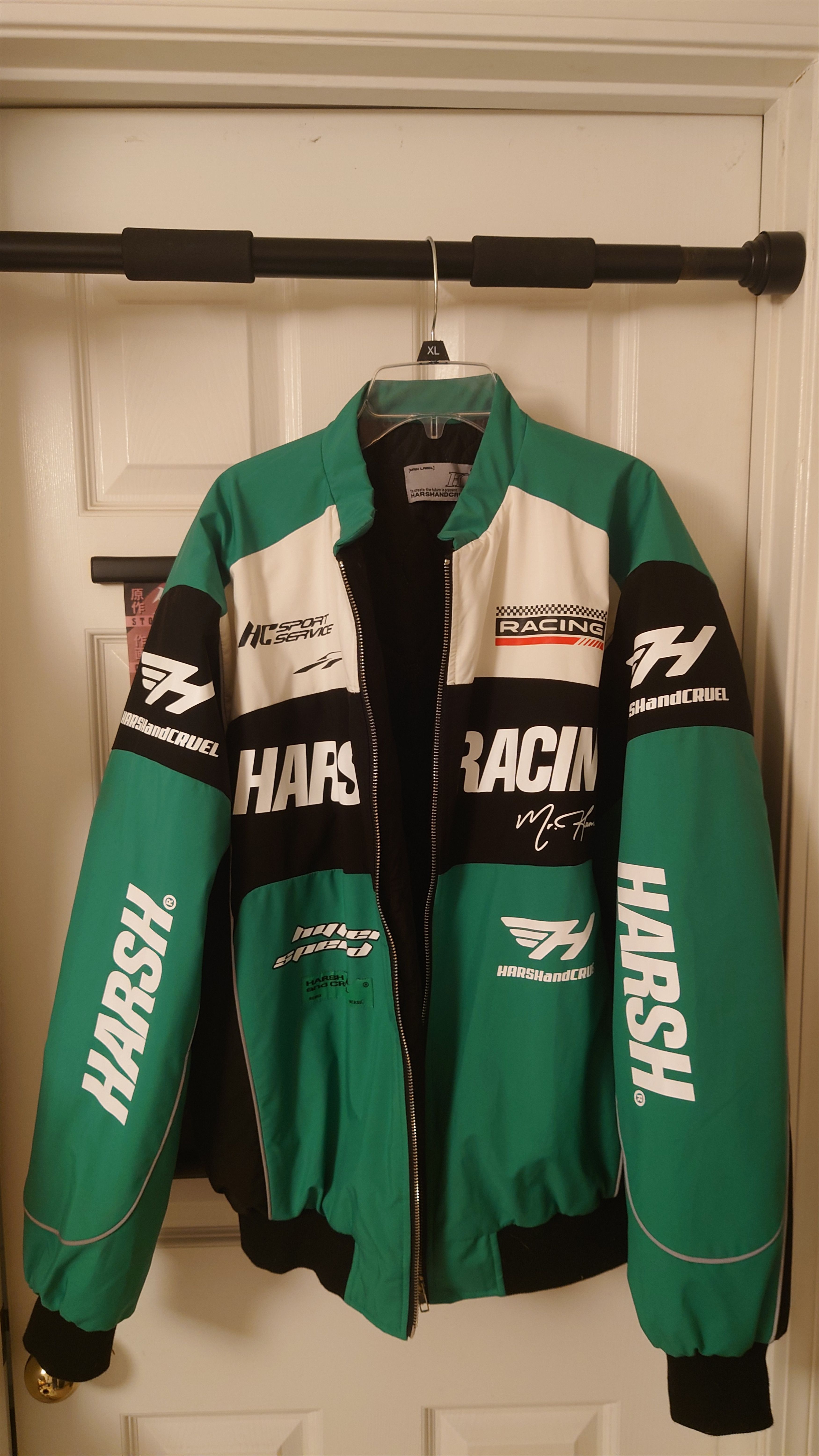 image of Harsh And Cruel Retro Motorcycle Racing Logo Jacket in Green, Men's (Size Large)