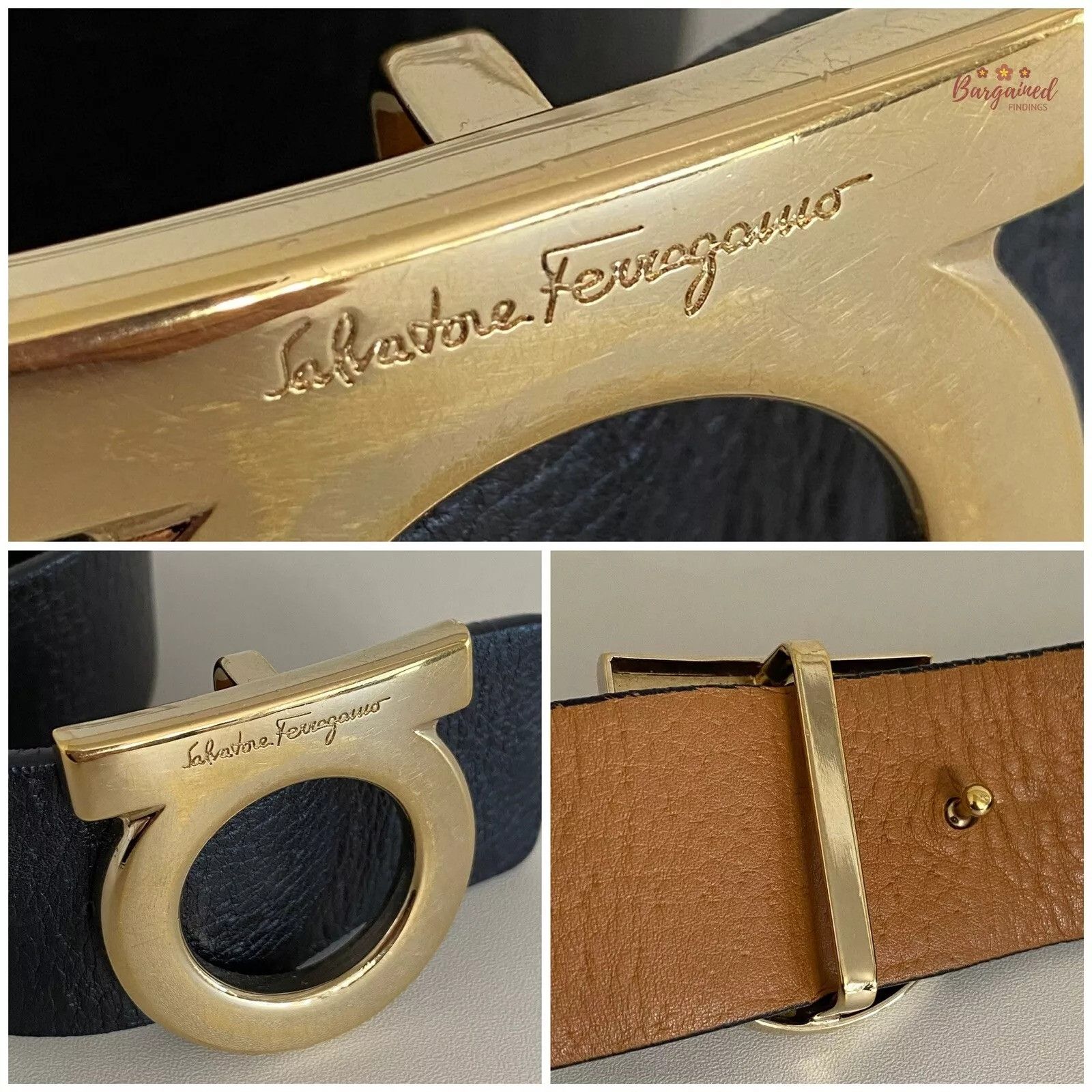 Salvatore Ferragamo Salvatore Ferragamo Black/Cognac Leather Reversible Gold Size ONE SIZE - 4 Thumbnail