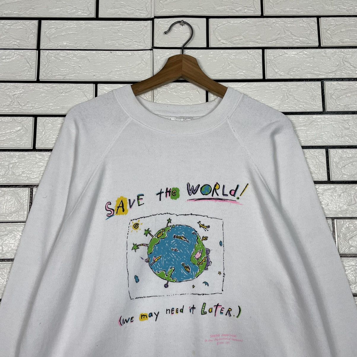Hanes Vintage Save The World Crewneck White Sweatshirt Size US XL / EU 56 / 4 - 2 Thumbnail