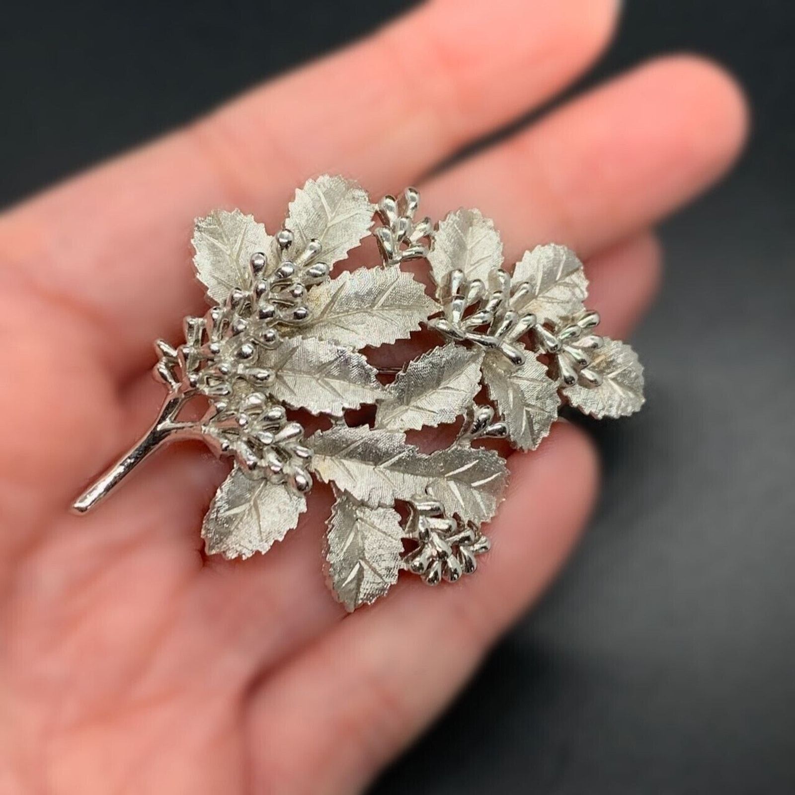 Other Trifari Vintage Silver Tone Leaves Berries 1950s Brooch 2.5" Size ONE SIZE - 2 Thumbnail