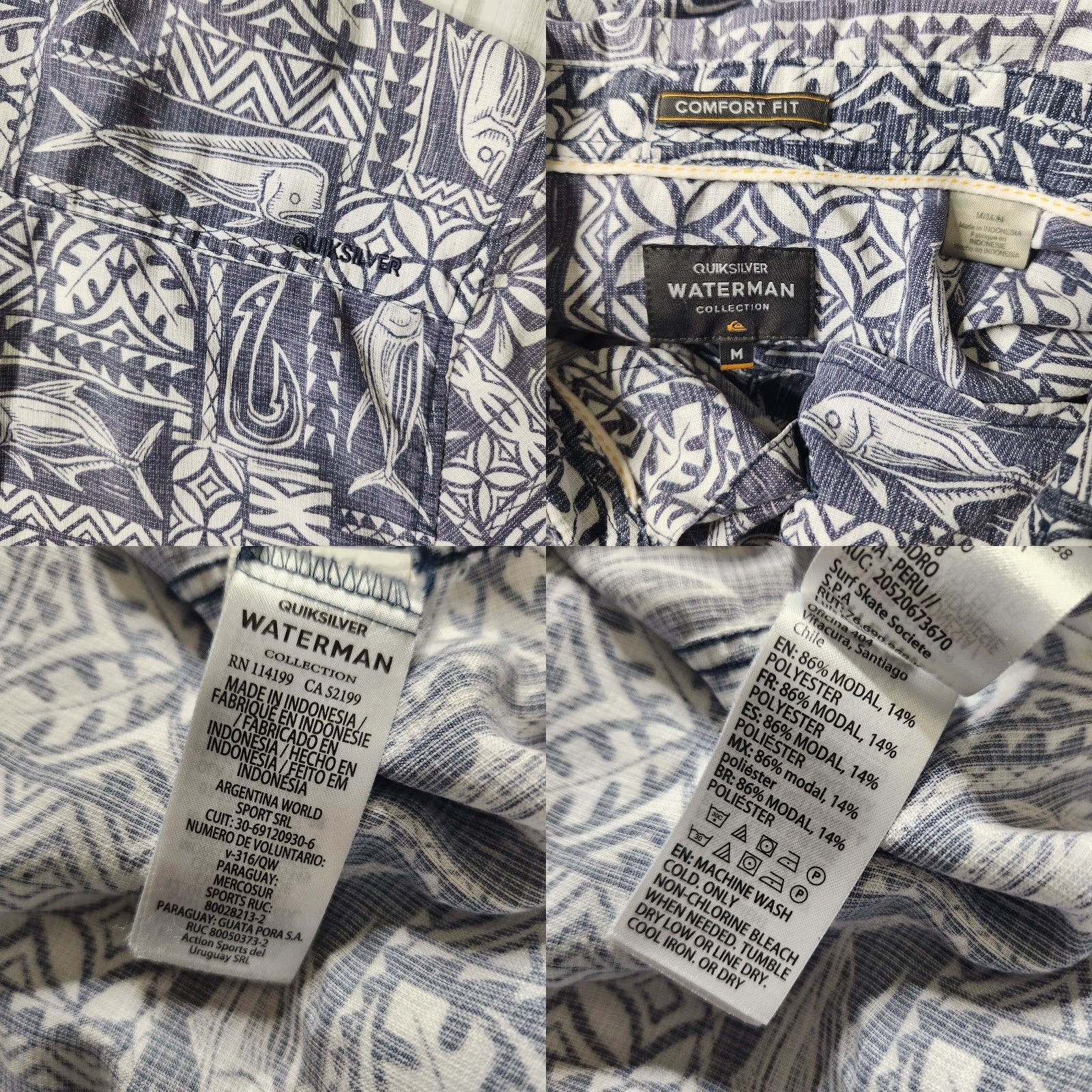 Quiksilver Quicksilver Waterman Button-Down Short Sleeve Shirt M Fish Print Blue Polyester Blend Men's Shirt Size US M / EU 48-50 / 2 - 8 Thumbnail