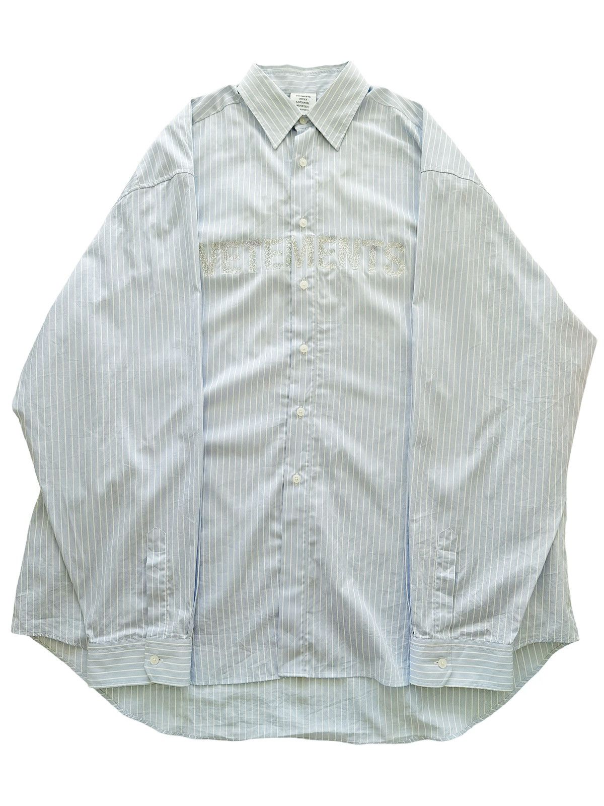 image of Vetements Glitter Logo Oversized Blue Stripe Shirt, Men's (Size Medium)