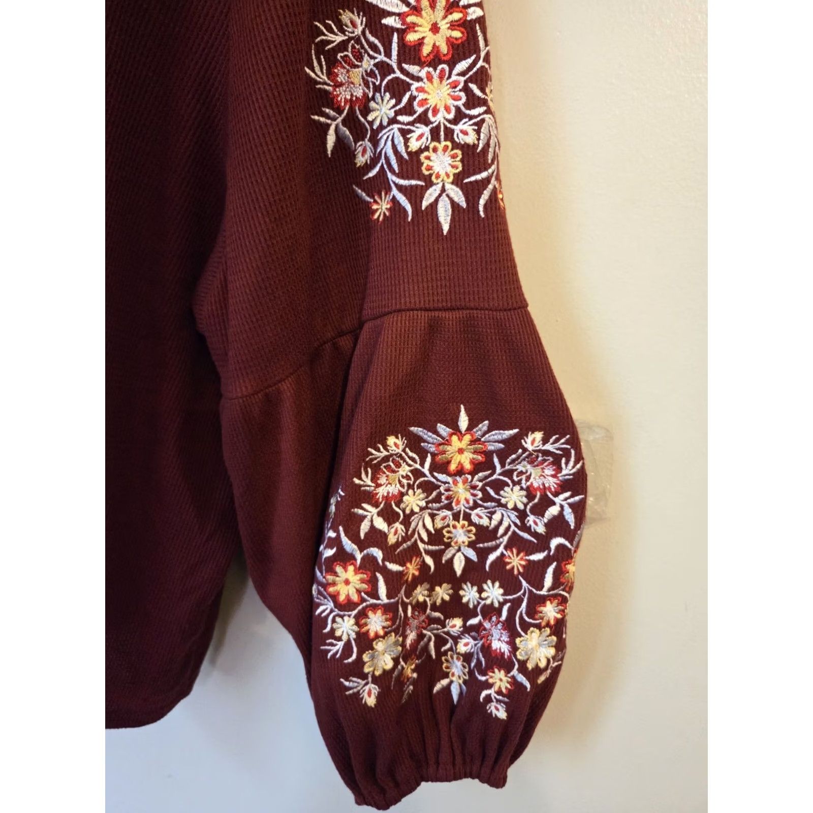 Vintage Bloomchic Burgundy Floral Embroidered Waffle Knit Balloon Sleeve Top Red 30 6X Plus Womens Size 4XL / US 24-26 - 4 Thumbnail