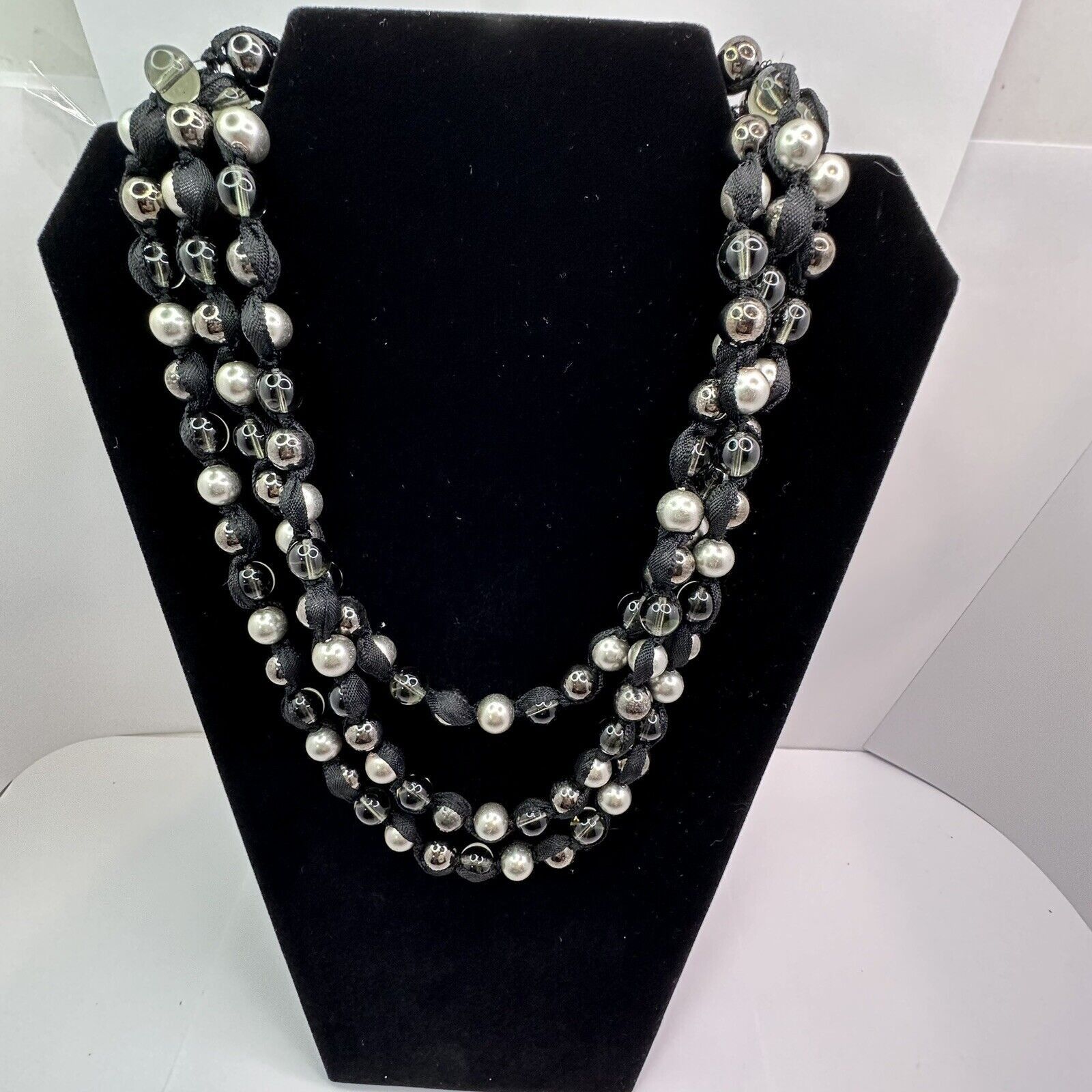 Other MultiStrand Ribbon Necklace Silver Blk Clear Glass Beads 22" Size ONE SIZE - 3 Thumbnail