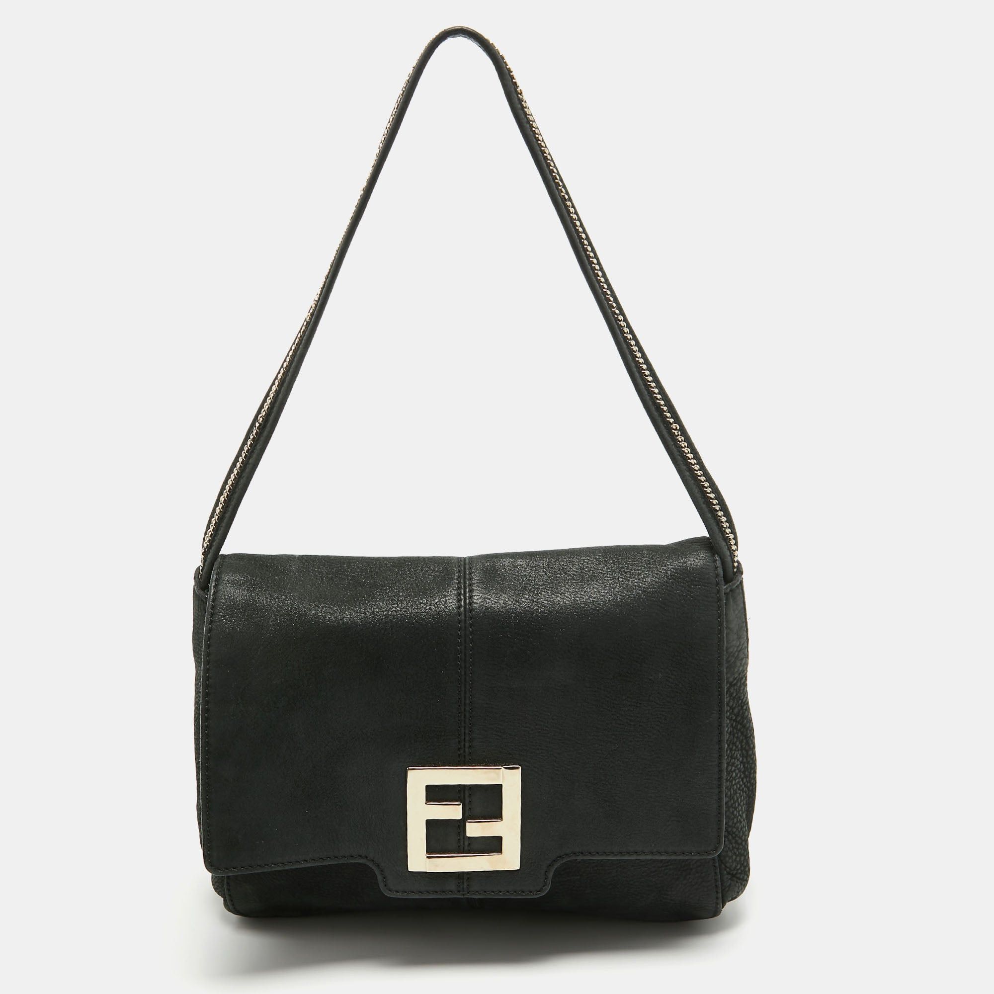 image of Fendi Black Nubuck Shimmer Leather Ff Flap Bag, Women's