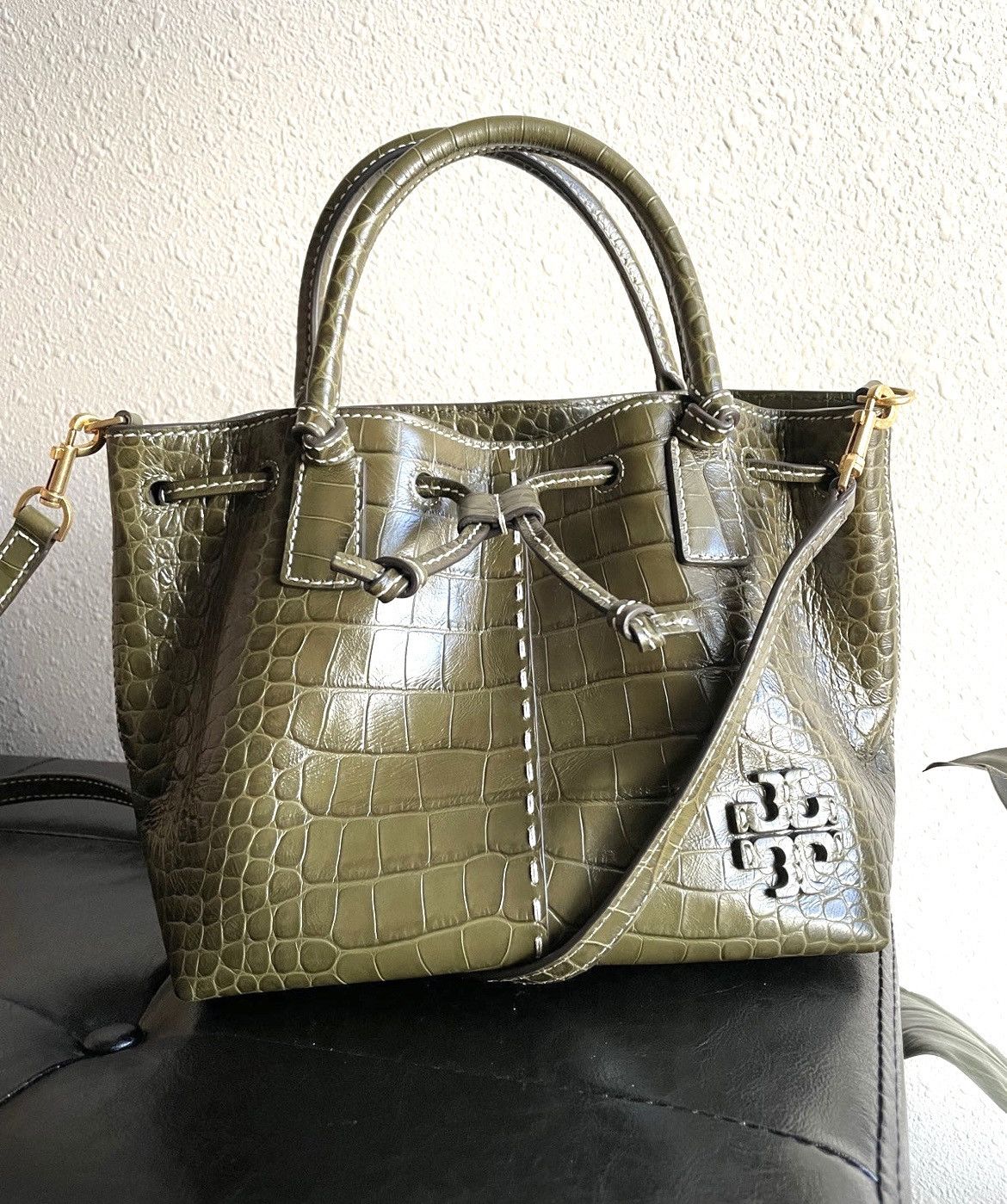image of Tory Burch Mcgraw Embossed Small Drawstring Satchel Olive in Green, Women's