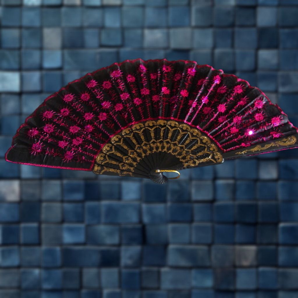 Vintage SMALL DARK PINK & BLACK HAND FAN WITH SEQUINS - 16" WIDTH, UNBRANDED Size ONE SIZE - 1 Thumbnail