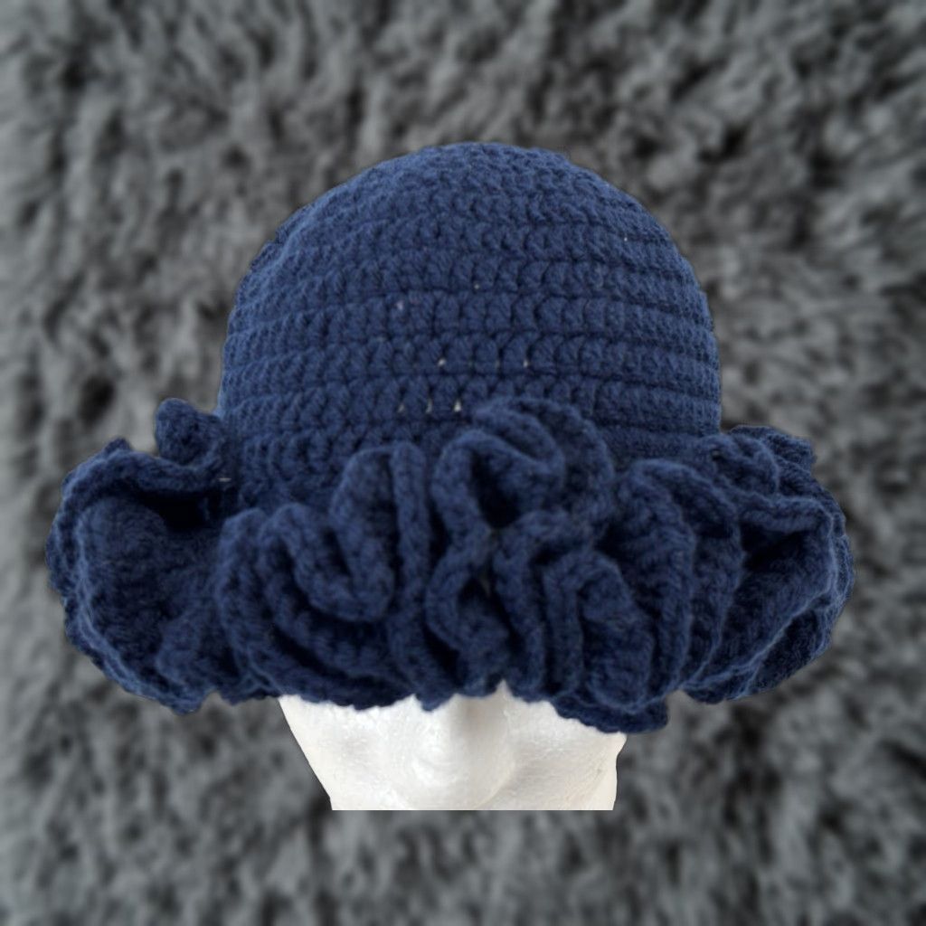 Vintage VINTAGE Handmade Crochet Bucket Hat Ruffle Brim Navy Blue One Size Floppy Funky Indie Women Boho Hippie Retro Casual Size ONE SIZE - 1 Thumbnail