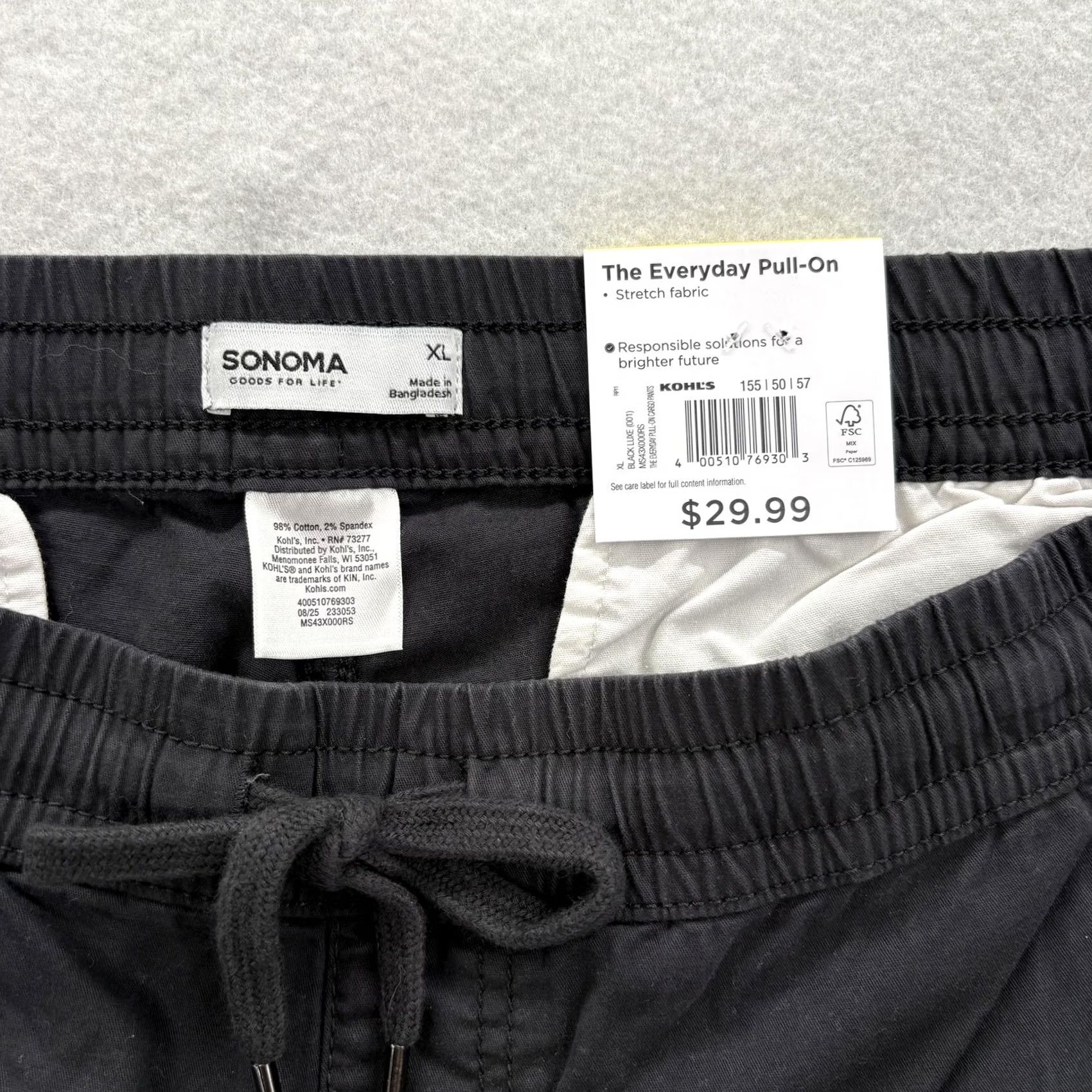 Vintage Sonoma Everyday Pull-On Cargo Pants Mens XL Black Cotton Stretch NWT Casual Solid Pocketed Front Drawstring Relaxed Fit Tapered Leg Size US 36 / EU 52 - 3 Thumbnail