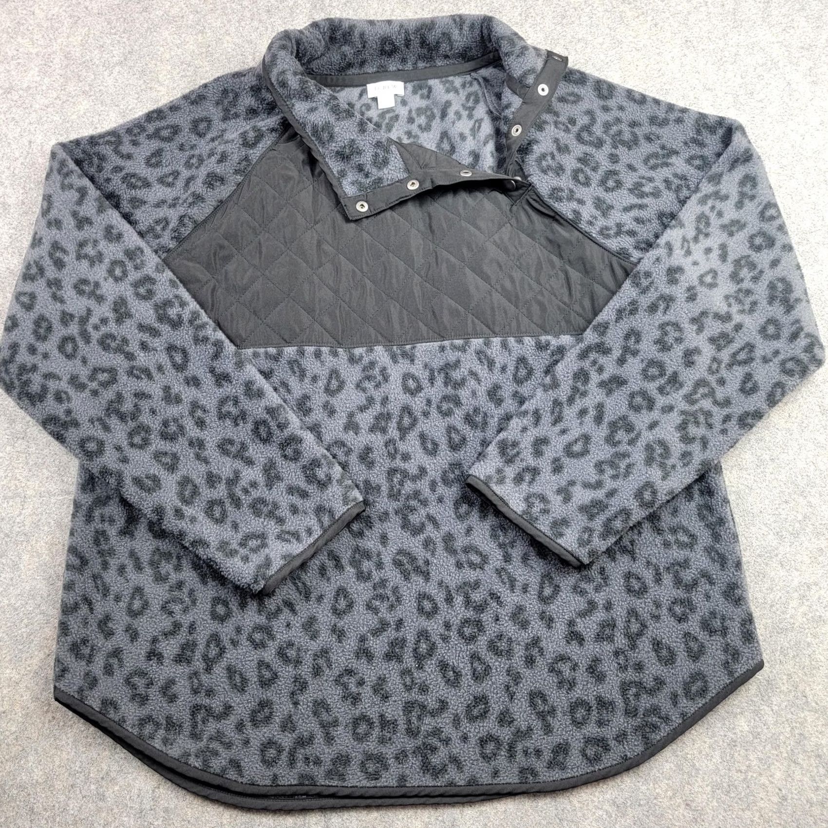 J.Crew J.CREW Fleece Womens Large Gray Leopard Print Quilted Snap Pullover Shirt Size L / US 10 / IT 46 - 2 Thumbnail