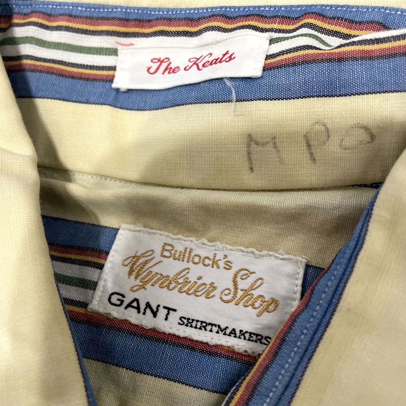 Gant VINTAGE GANT Shirt Regular 15.5 34 Blue Yellow Cream Green Striped Button-Up Western Cowboy 70s 90s Bohemian Grandpa Point Collar USA Mens Size US L / EU 52-54 / 3 - 7 Thumbnail