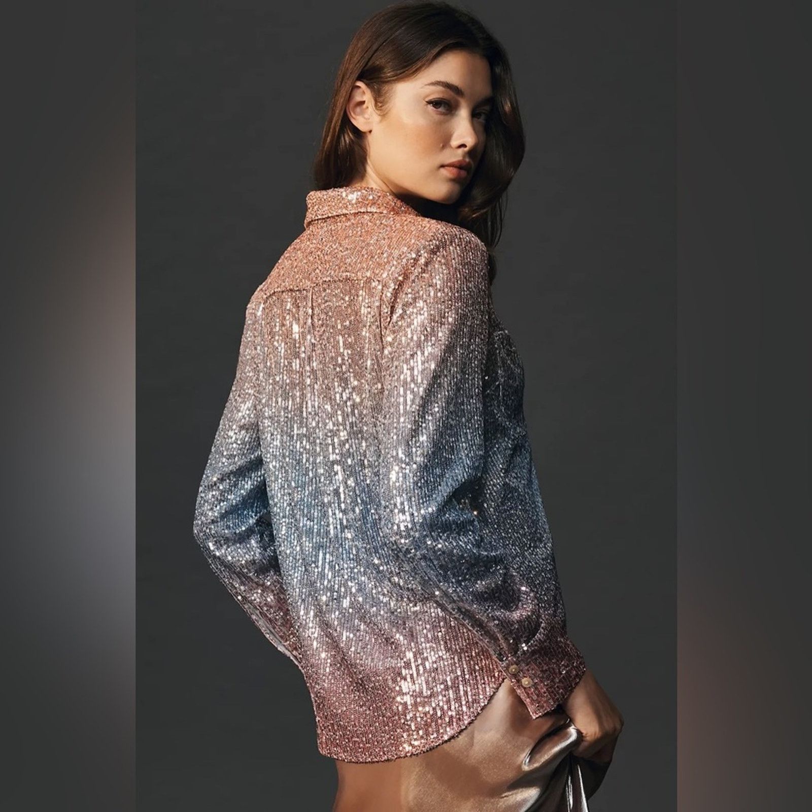 Anthropologie Anthropology Ombré Sequin Buttondown Shirt Blue/Peach size M Size M / US 6-8 / IT 42-44 - 5 Thumbnail