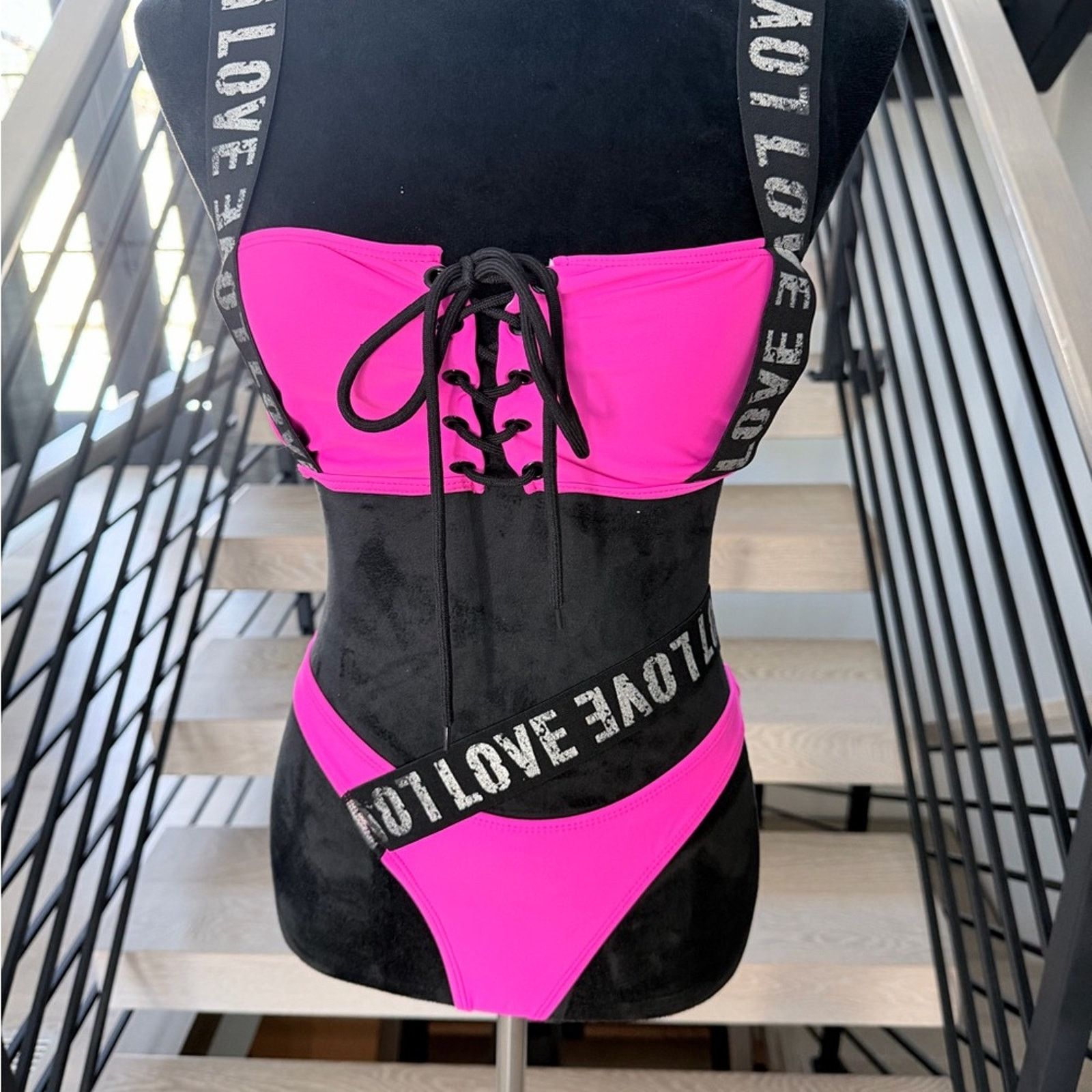 Other New Stylish Pink Lace-Up Bikini Swimsuit Bathing Suit Set S Size ONE SIZE - 3 Thumbnail