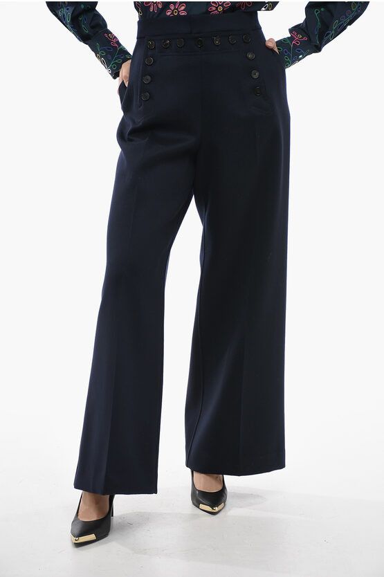 image of Dior Virgin Wool Palazzo Pants With Double-Breasted Design in Blue, Women's (Size 32)